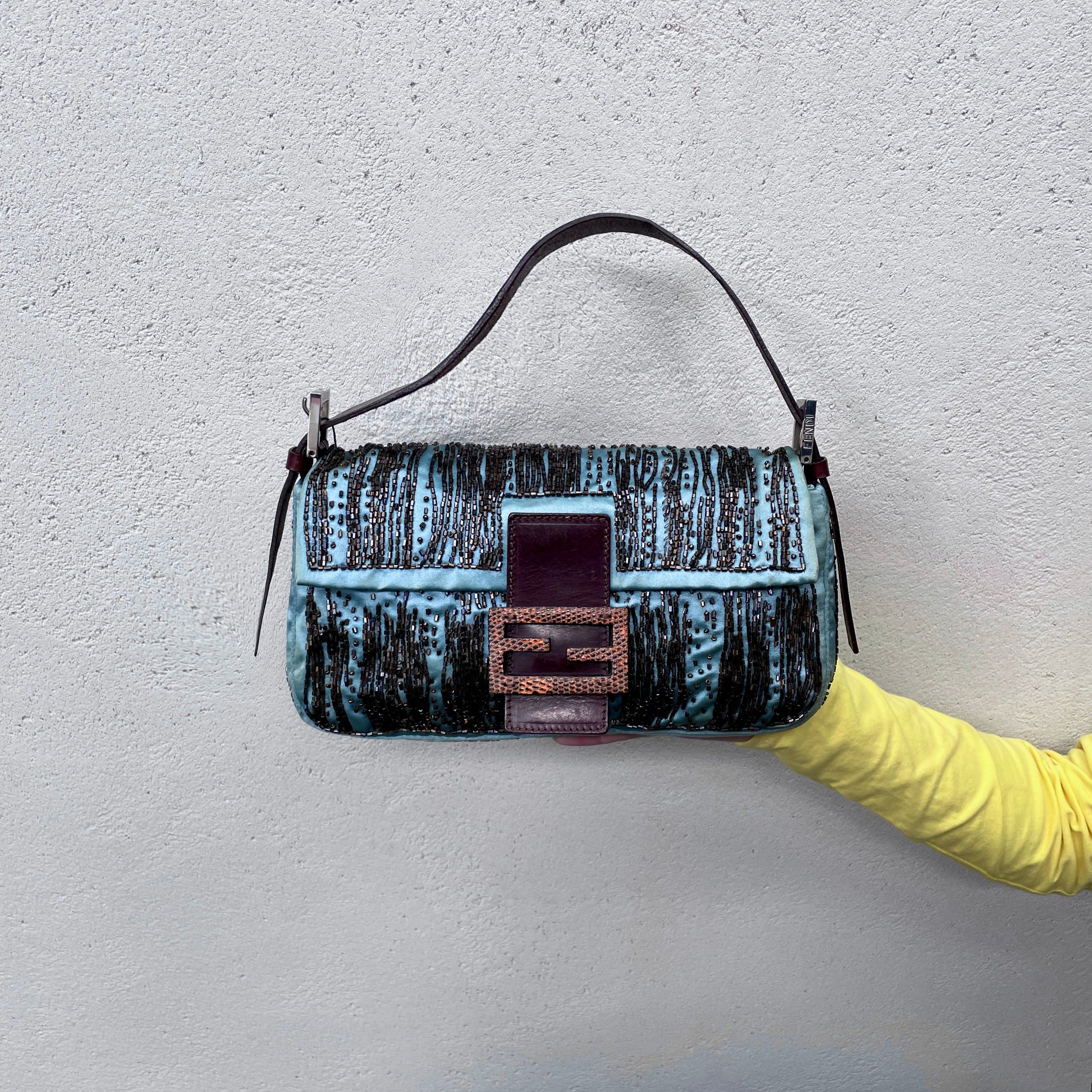 Fendi Beads Embroidery Mamma Baguette Pm Shoulder Bag Blue&brown, Women's