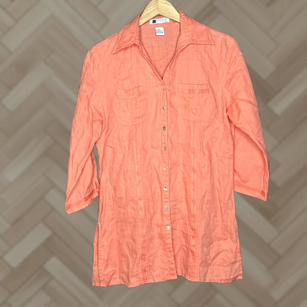 Vintage Carole Little Shirt Womens M Orange 100% Linen Button Up Long Sleeve Vintage No Size M / US 6-8 / IT 42-44 - 1 Thumbnail