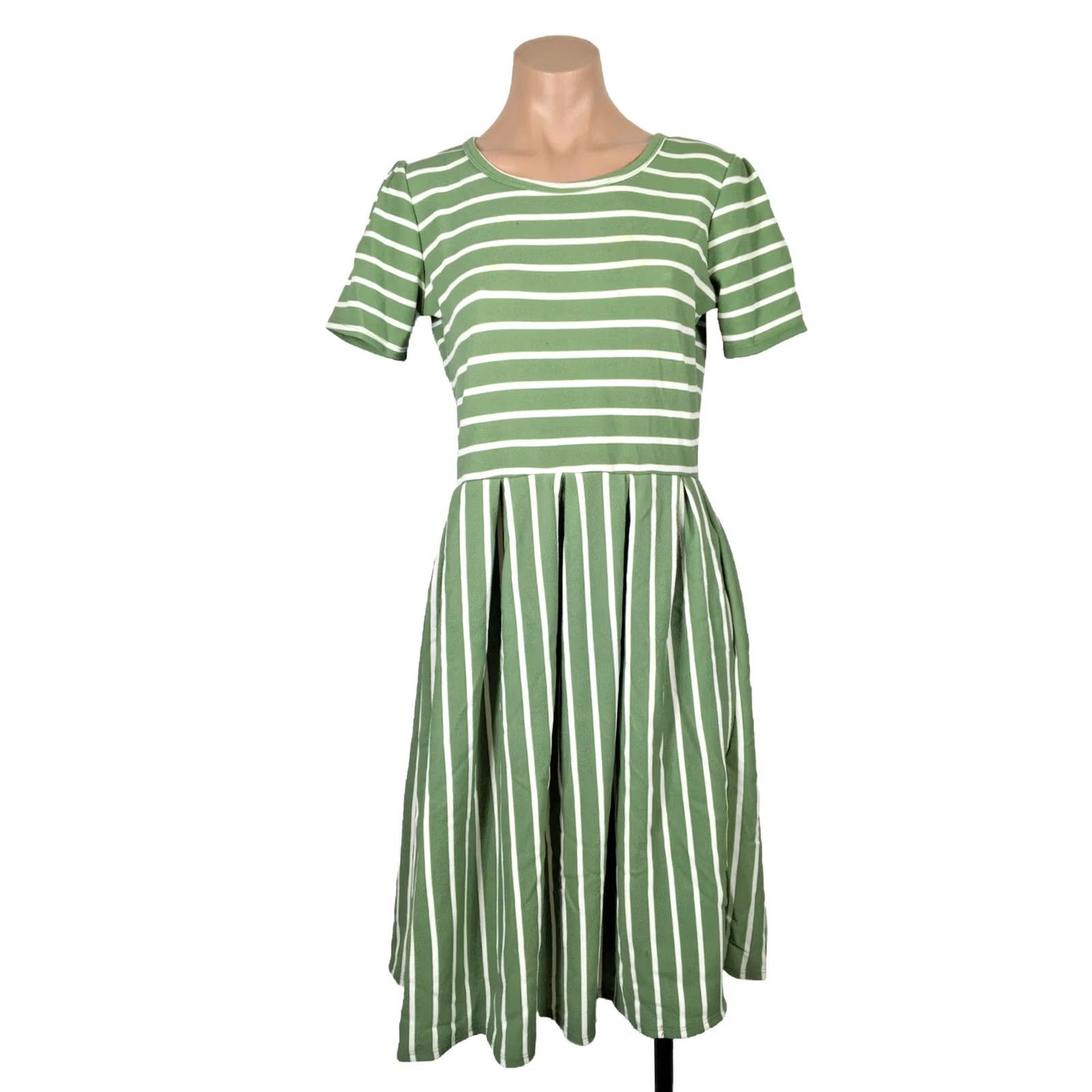 Vintage VINTAGE LuLaRoe Amelia Dress Striped Zipper Green Ivory Knee Length A-Line Womens M Size M / US 6-8 / IT 42-44 - 2 Thumbnail