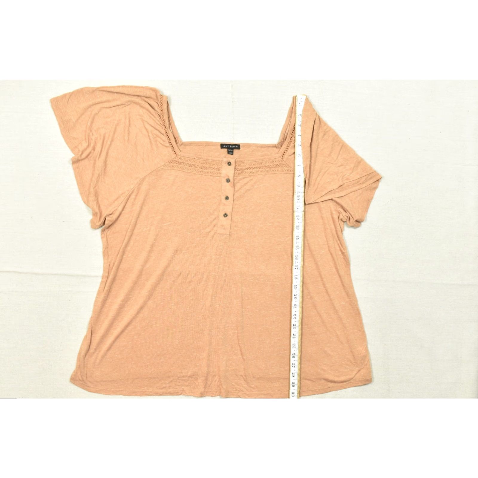 Vintage Lane Bryant Blouse Shirt 26 Orange Plus Women Short Flutter Sleeve Square Neck Crochet Trim Pullover Rayon Size 4XL / US 24-26 - 5 Thumbnail
