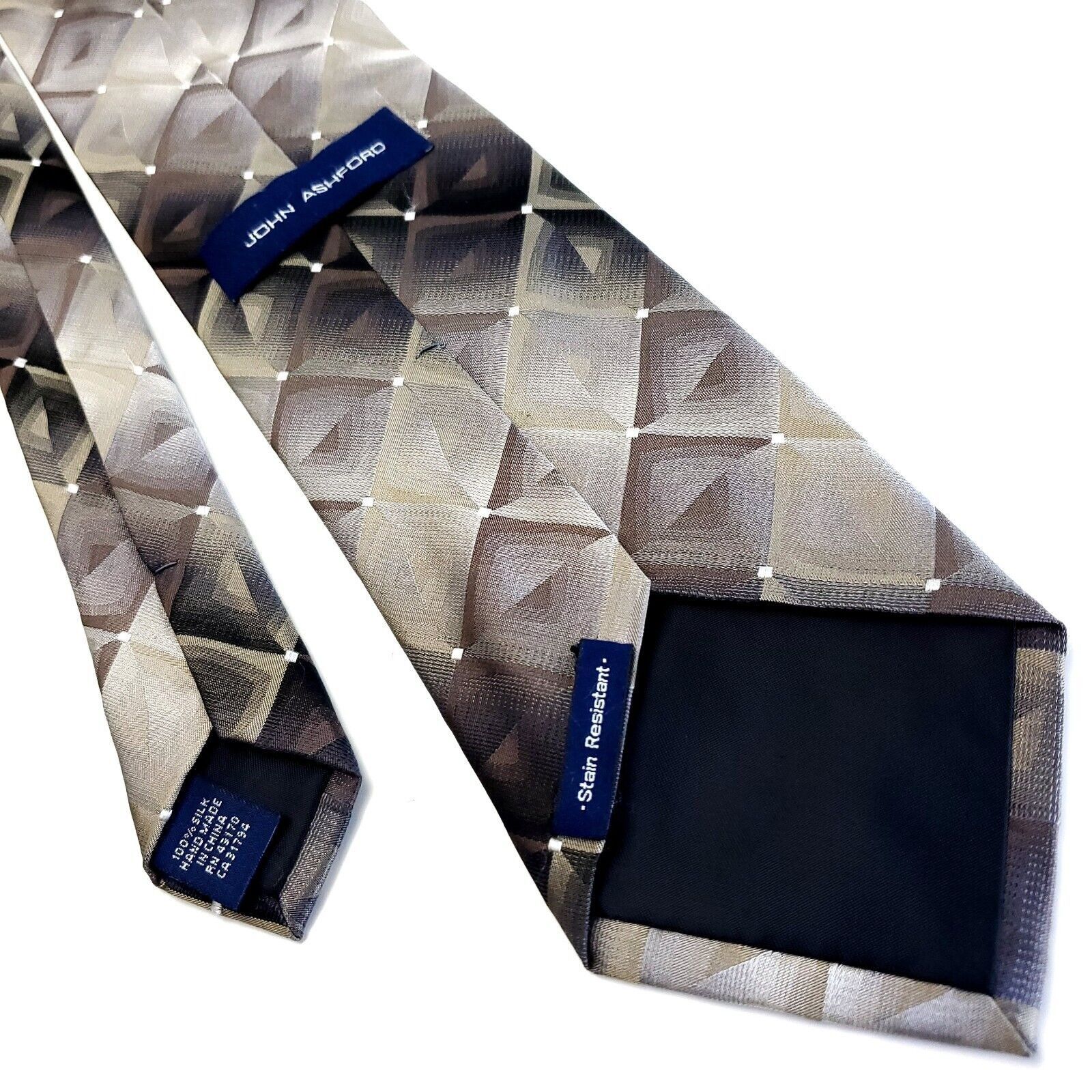 John Ashford John Ashford Brown Beige Silk Tie Woven Geometric Size ONE SIZE - 3 Thumbnail