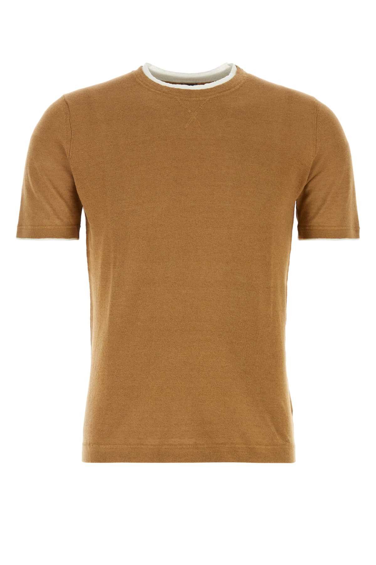 image of Fedeli Caramel Linen Blend Fox T-Shirt in Camel, Men's (Size Medium)