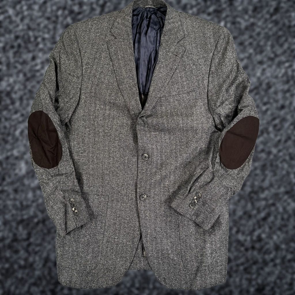 Vintage Maus & Hoffman Sport Coat Mens 42 Long Gray Herringbone Wool Elbow Patch Blazer Coat Cloak Size 42R - 1 Thumbnail