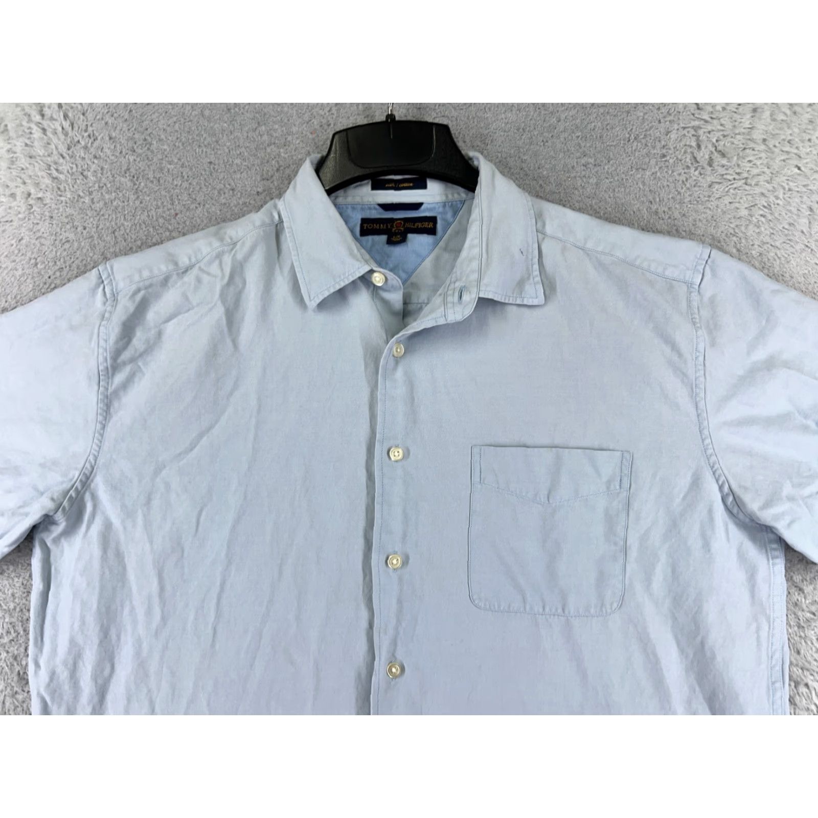 Tommy Hilfiger Tommy Hilfiger Shirt Mens Button-Up Short Sleeve Blue Cotton Silk Embroidered Logo Pockets Slimming Regular Fit Size US L / EU 52-54 / 3 - 4 Thumbnail