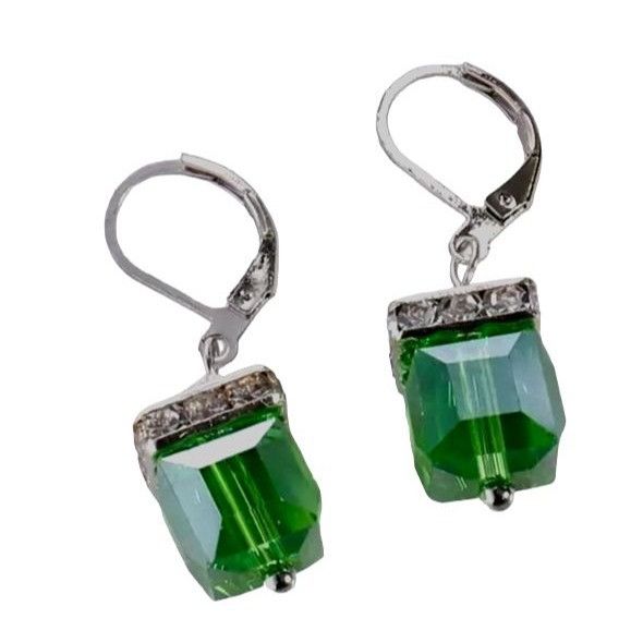 Designer × Handmade Light Emerald Earrings New Square Cube Rhinestones Wedding B Size ONE SIZE - 4 Thumbnail