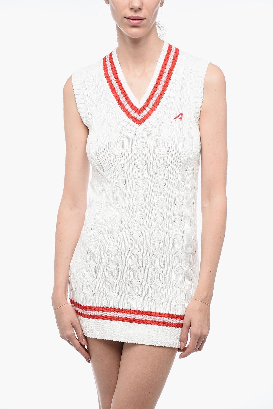 AUTRY og1mm0426 Aran Cotton V-Neck Mini Dress in Beige Size XS / US 0-2 / IT 36-38 - 4 Thumbnail