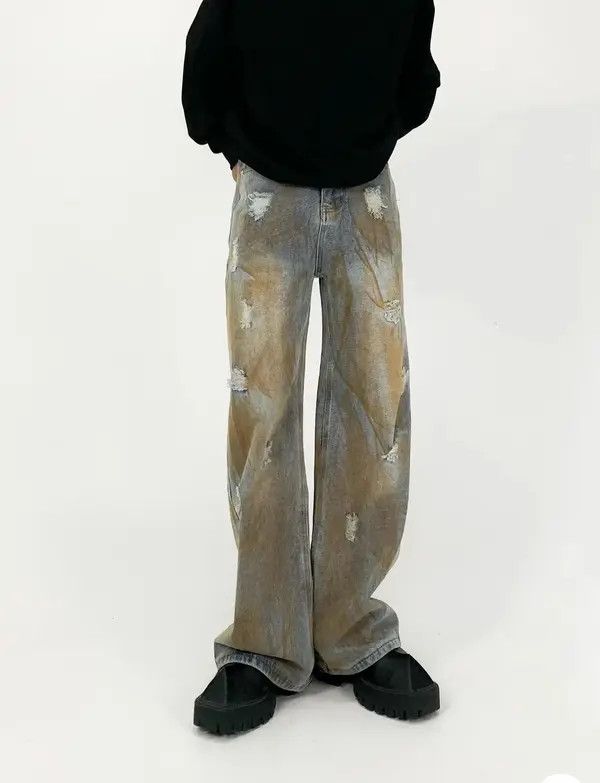 VIBE Retro distressed loose fitting straight leg hand drawn jeans Size US 30 / EU 46 - 1 Thumbnail
