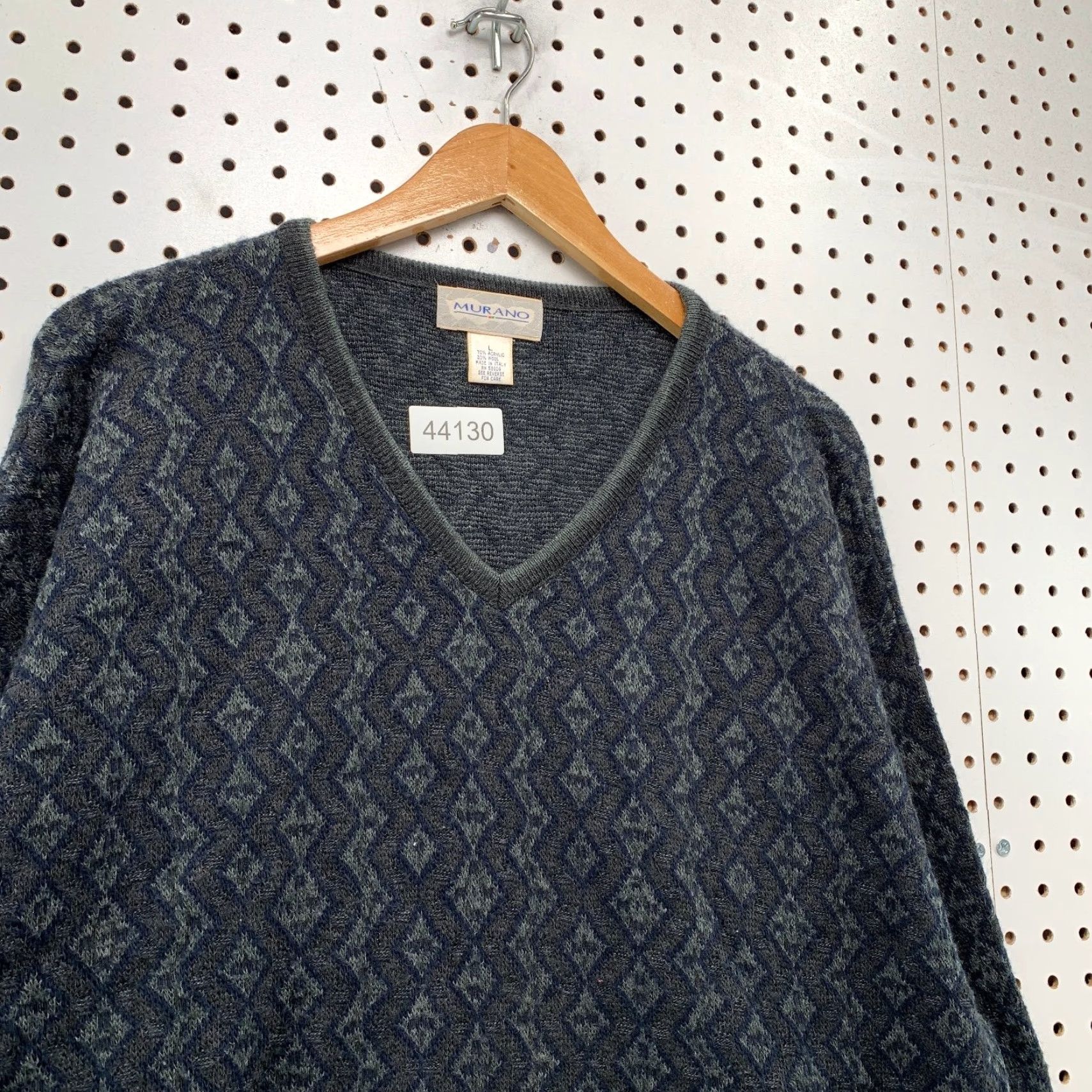 Murano VINTAGE Murano Wool Blend Sweater Mens Large Gray Blue Geometric V Neck Made ITALY Size US L / EU 52-54 / 3 - 6 Thumbnail