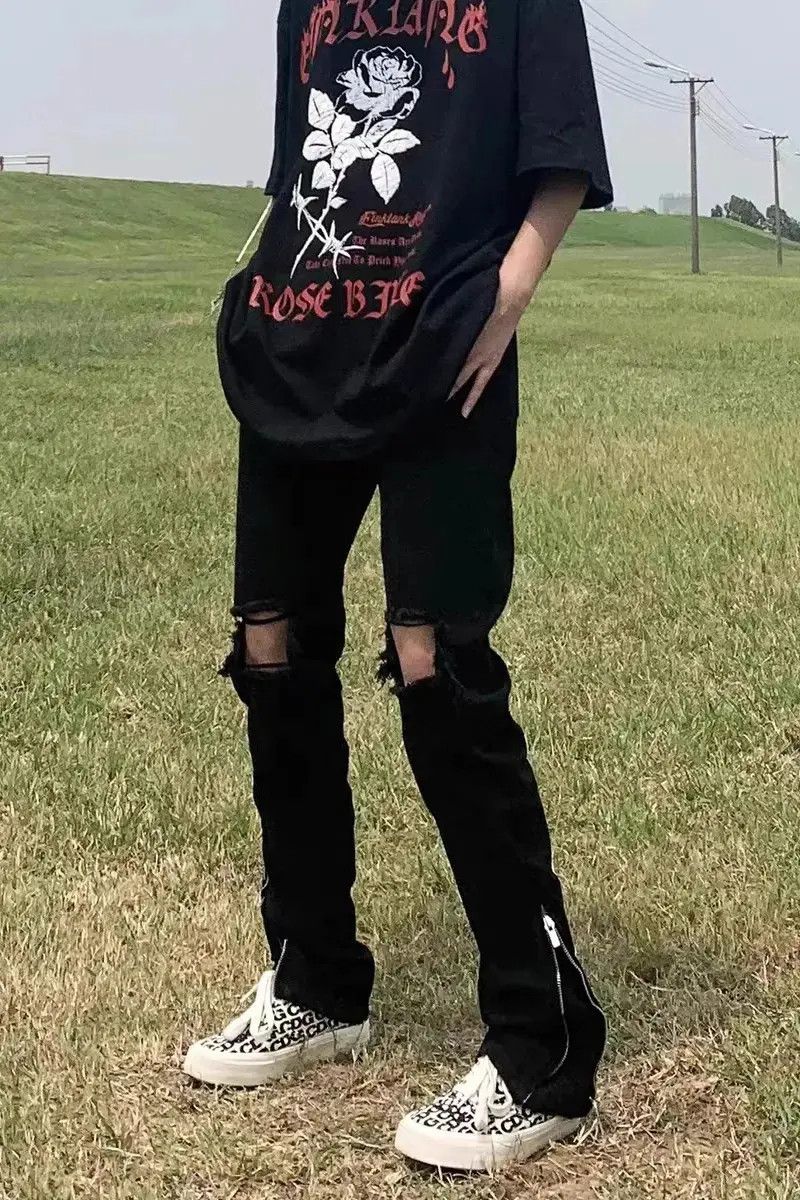Japanese Brand Straight leg wide leg ripped zipper slit jeans Size US 28 / EU 44 - 6 Thumbnail
