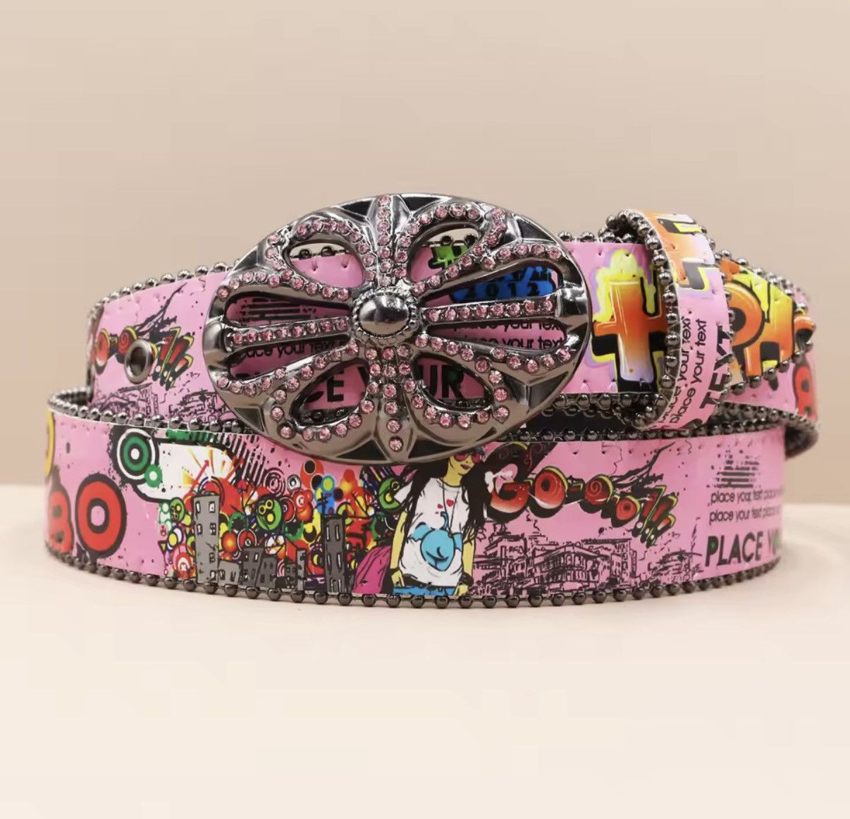 Other Punk Rhinestone Graffiti Western Cowboy PU Leather Belt Size ONE SIZE - 1 Thumbnail