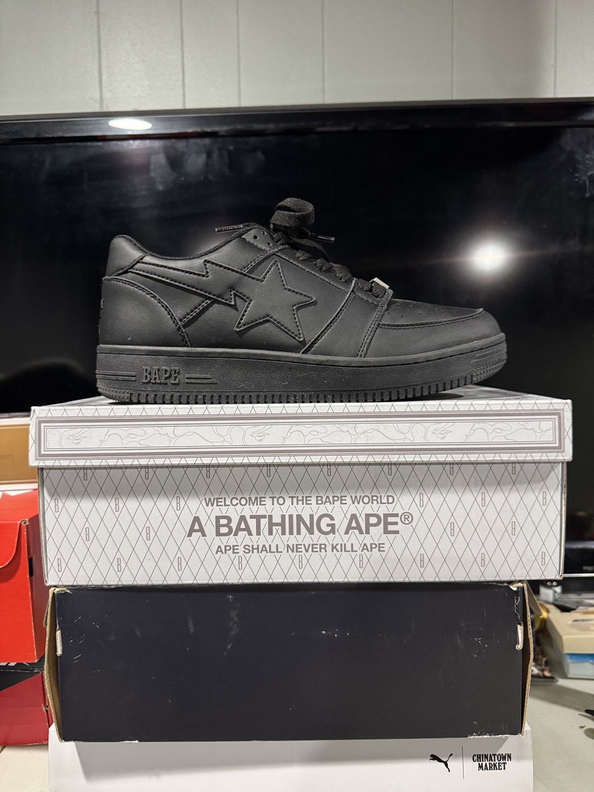 Bape A Bathing Ape Bapesta low Triple Black Size US 12 / EU 45 - 1 Thumbnail