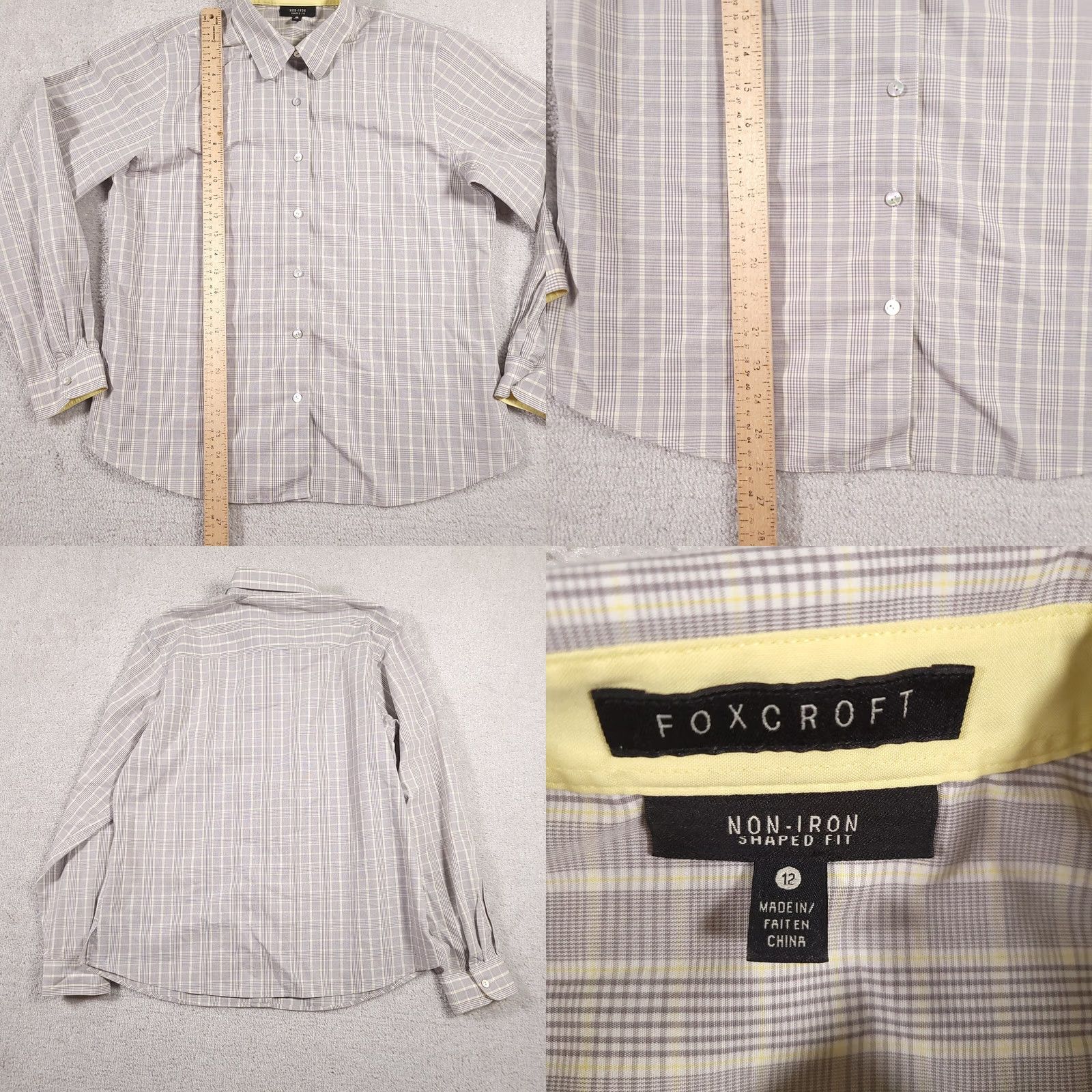 Vintage Foxcroft Shirt Women's 12 Gray Yellow Plaid Shaped Fit Non-Iron Button Up Size XL / US 12-14 / IT 48-50 - 8 Thumbnail