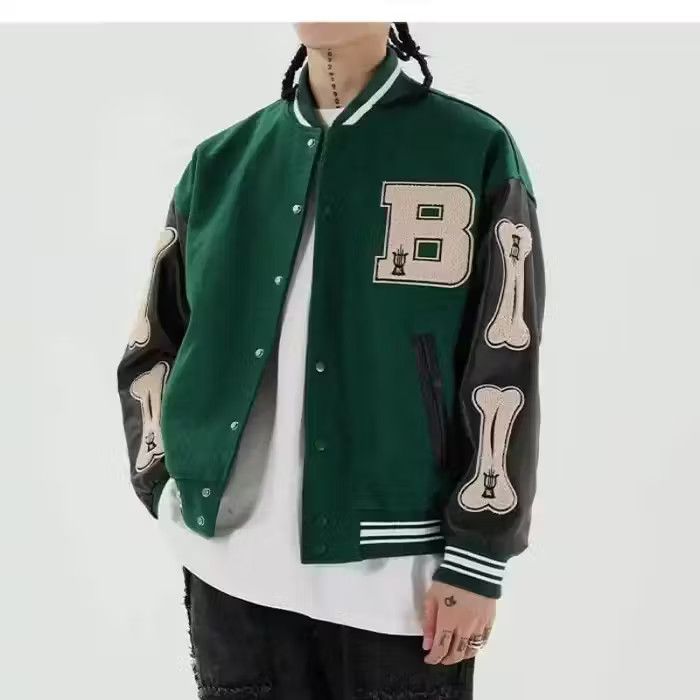 image of Skeleton Patchwork Embroidered Graphic Varsity Jacket in Green, Men's (Size Large)