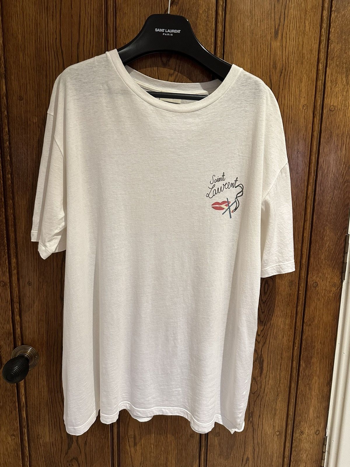 image of Saint Laurent Paris Ss18 Saint Laurent White No Smoking Lips T Shirt M, Men's (Size Medium)