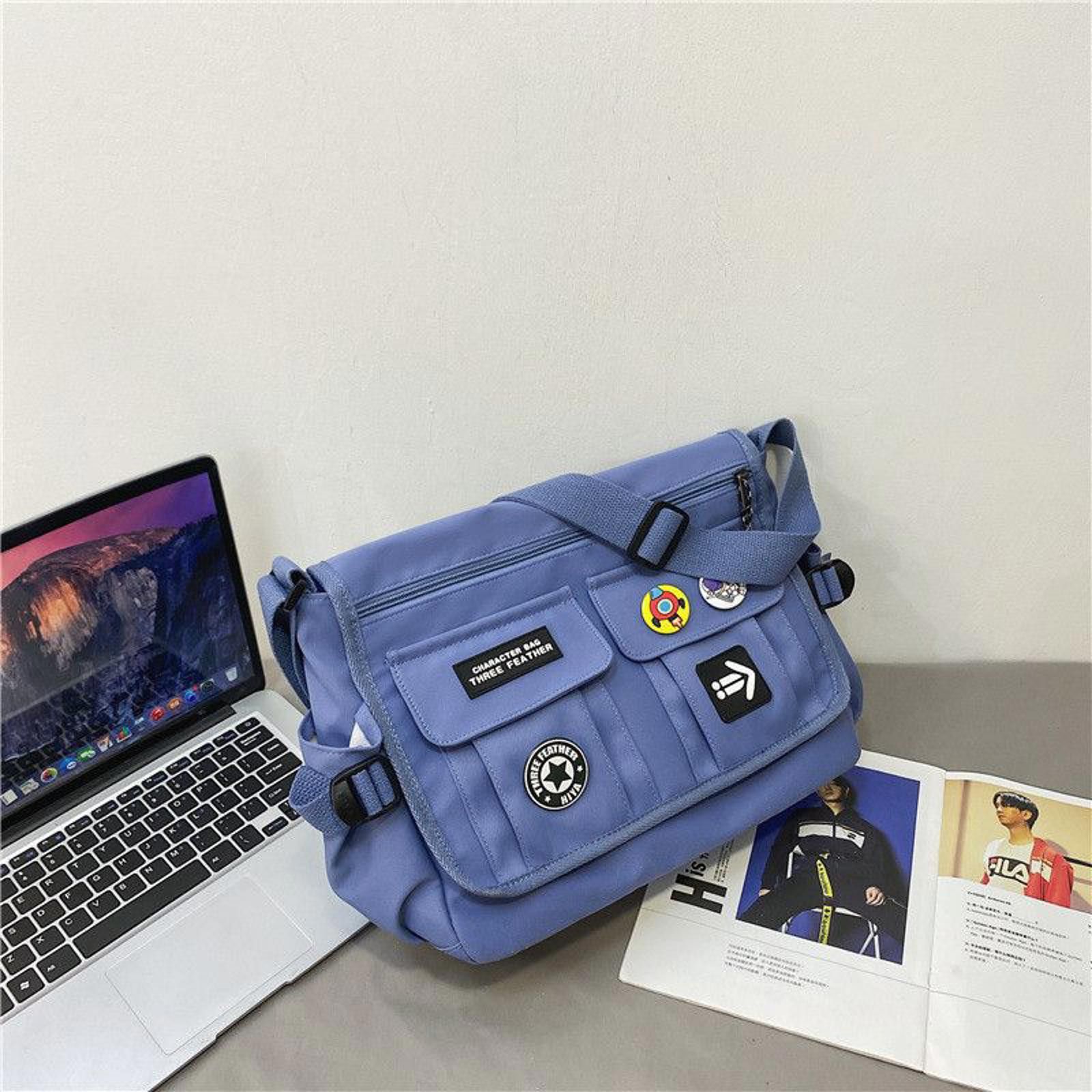 Blue Messenger Bag with Patches