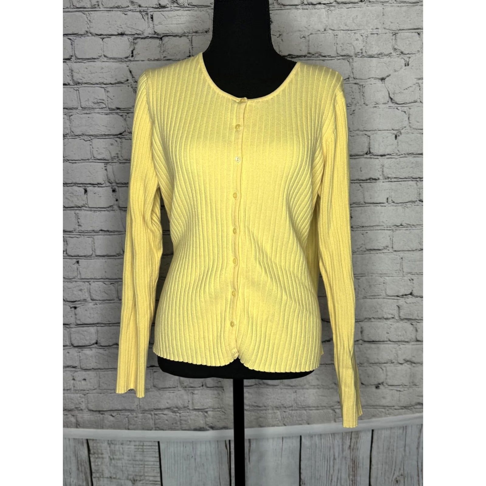 Vintage Chadwick's Cardigan Yellow Ribbed Cotton Blend Long Sleeve Button Crew Neck Size L Womens Size L / US 10 / IT 46 - 5 Thumbnail