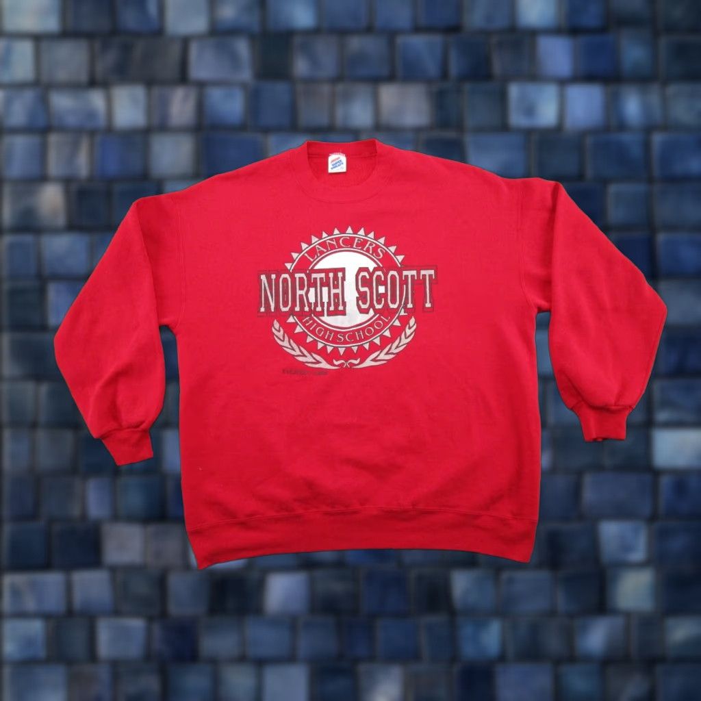 Jerzees VINTAGE North Scott High School Lancers Graphic Crewneck Sweatshirt XL Men Red Logo 90s Sports Pullover Sweatshirt Size US XL / EU 56 / 4 - 1 Thumbnail
