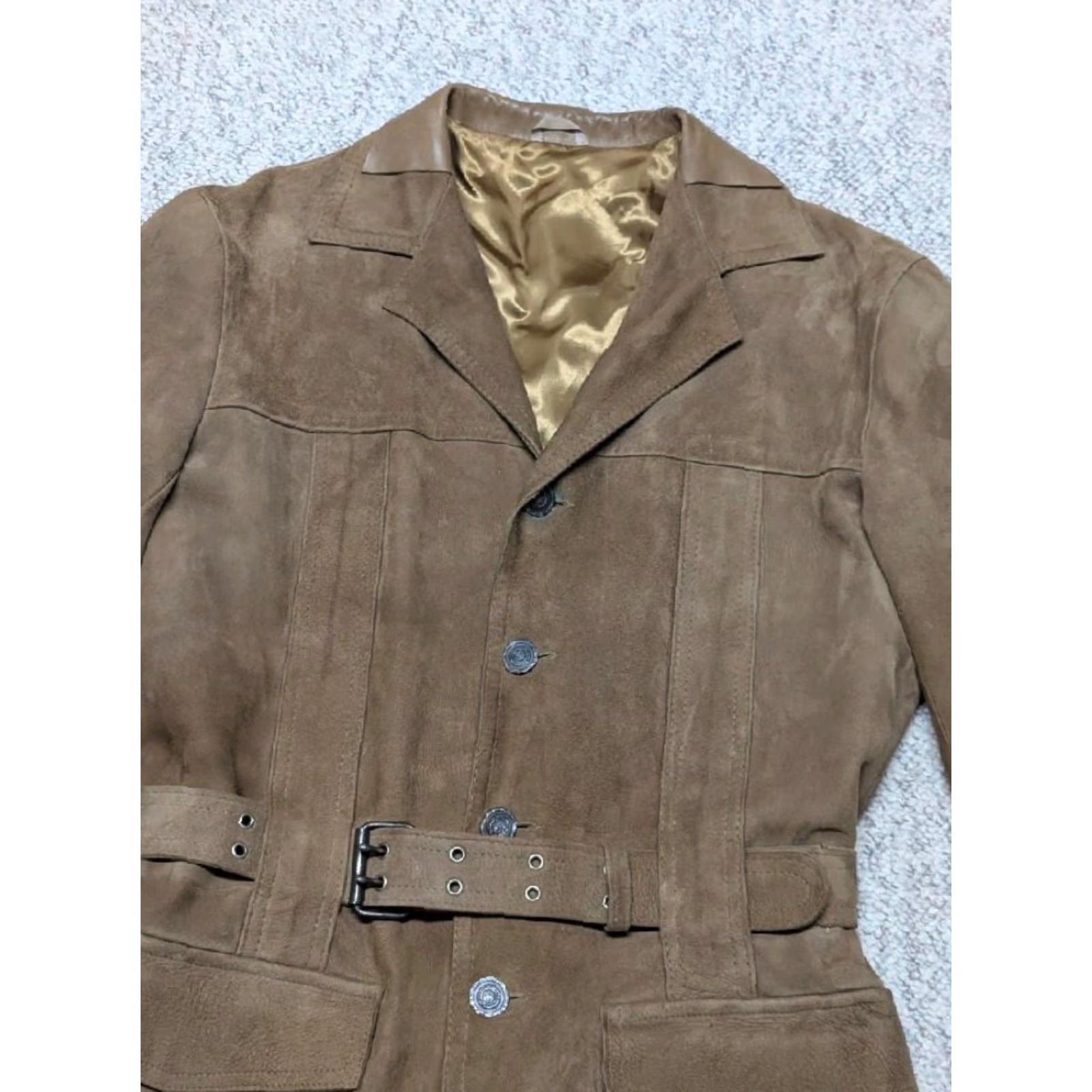 Vintage VINTAGE Aleksanders SUEDE leather BELTED overcoat 40 brown NORFOLK deerskin? SHERLOCK jacket Mens M Brown Suede Coat Size US M / EU 48-50 / 2 - 2 Thumbnail