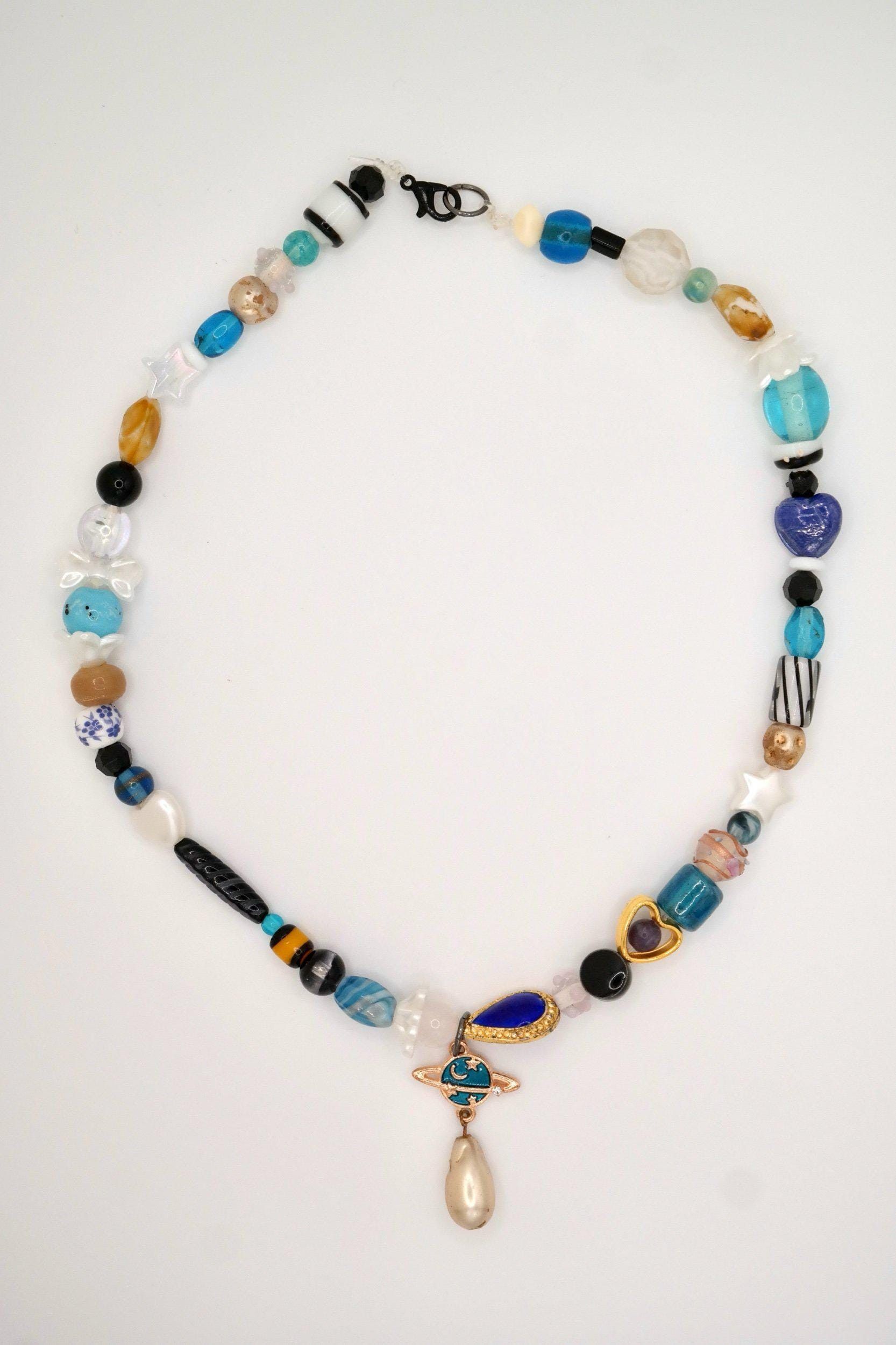Handmade Blue & Gold Saturn Beaded Necklace Size ONE SIZE - 2 Thumbnail
