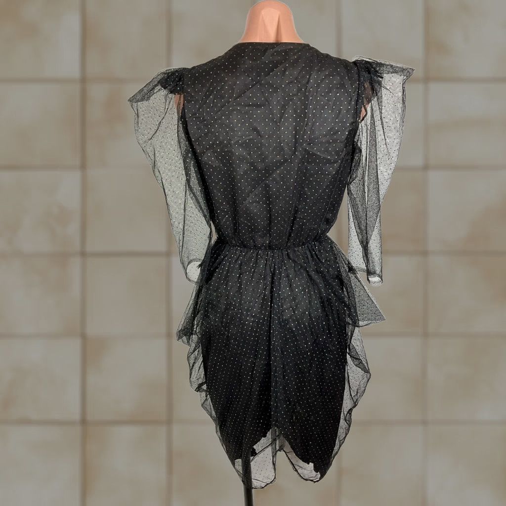 Vintage VINTAGE 80s Tulip Hem Black Glitter Dress Puffy Sleeve Mini Dress S/M Prom Party Glenrob LTD Lamé Glam Rock Womens Size S / US 4 / IT 40 - 1 Thumbnail
