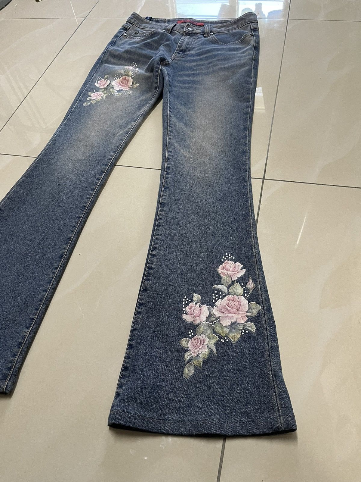 Tornado Mart Flare Jeans G.JON roses distressed low rise rusty denim Size US 29 - 3 Thumbnail