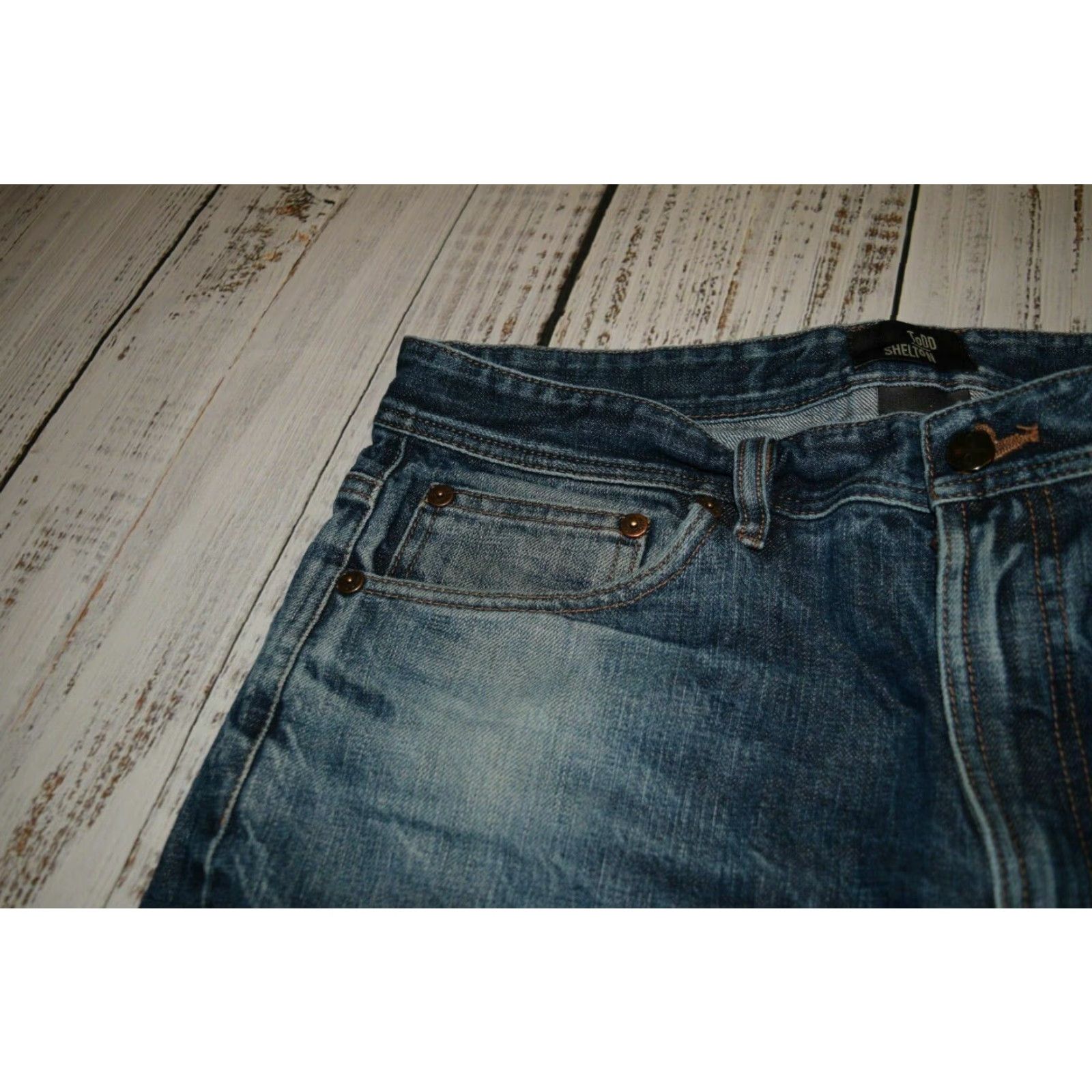 Denime Todd Shelton Mens Tapered Fit Jeans Medium Wash 35x27.5 Selvedge Cotton Denim Size US 35 - 5 Thumbnail