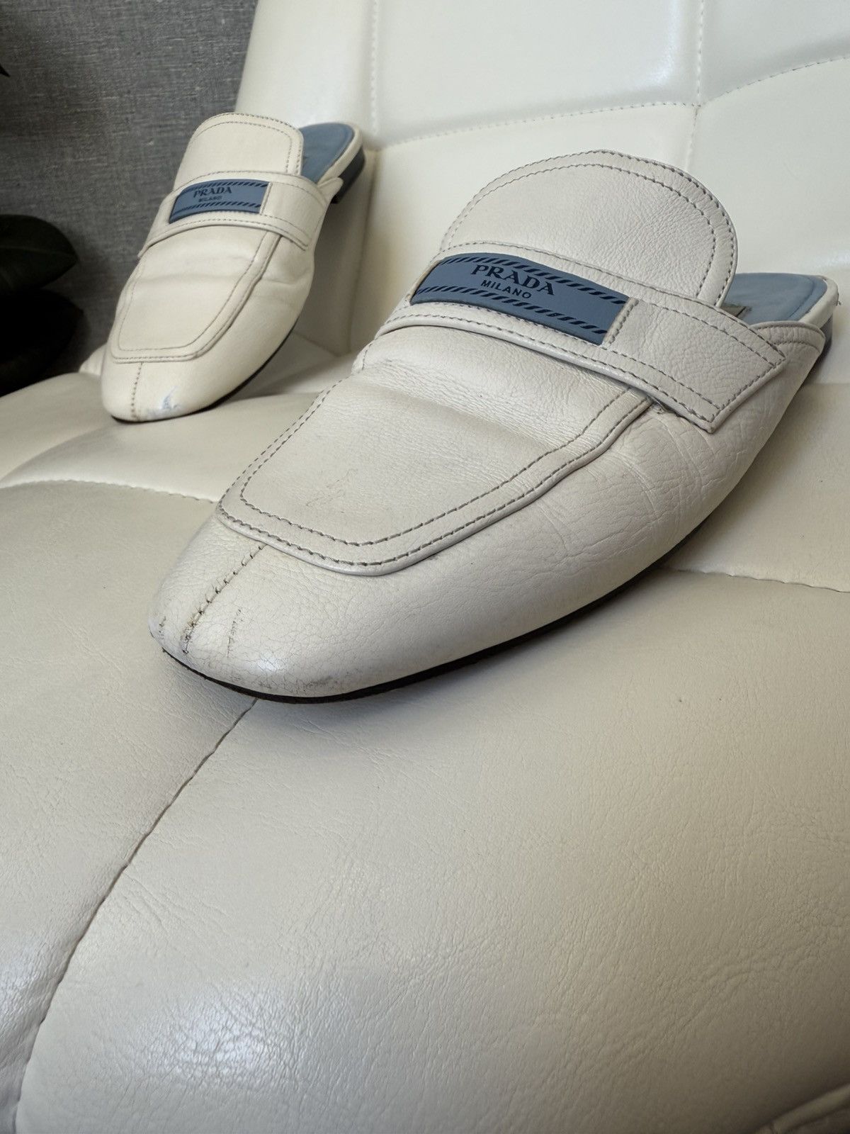 Prada Prada White Leather Backless Loafers Mules Blue Logo Detail Size US 9 / IT 39 - 3 Thumbnail