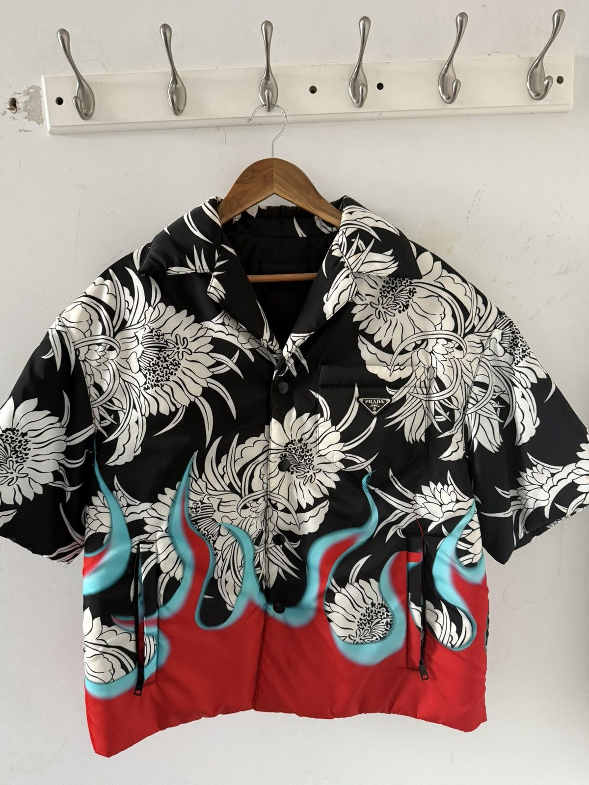 Prada oversized floral red flame nylon puffer shirt jacket