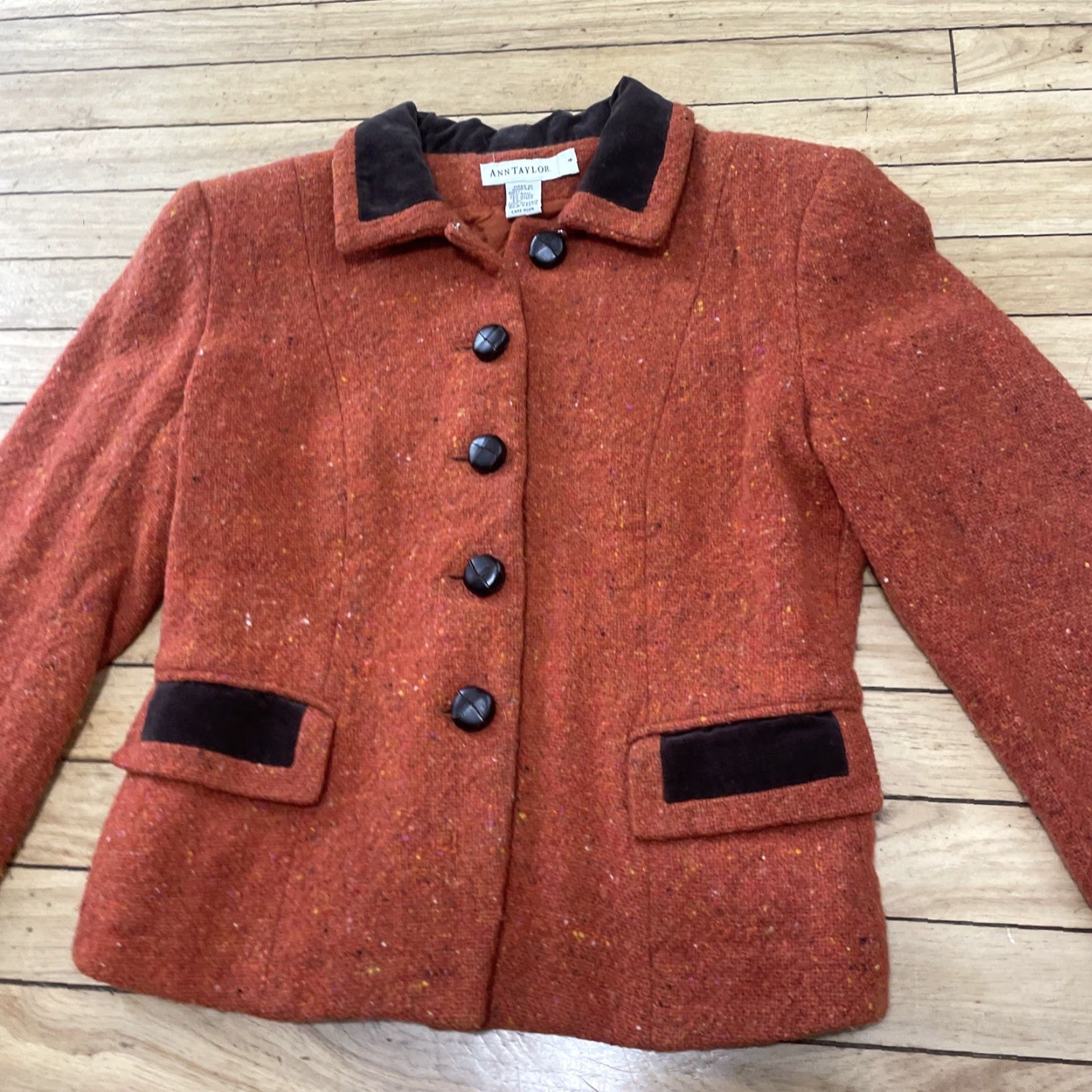 Ann Taylor VINTAGE Ann Taylor Wool Jacket Women 4 Orange Button Blazer 90s Grunge Art Wood Knit Casual Business Size S / US 4 / IT 40 - 3 Thumbnail