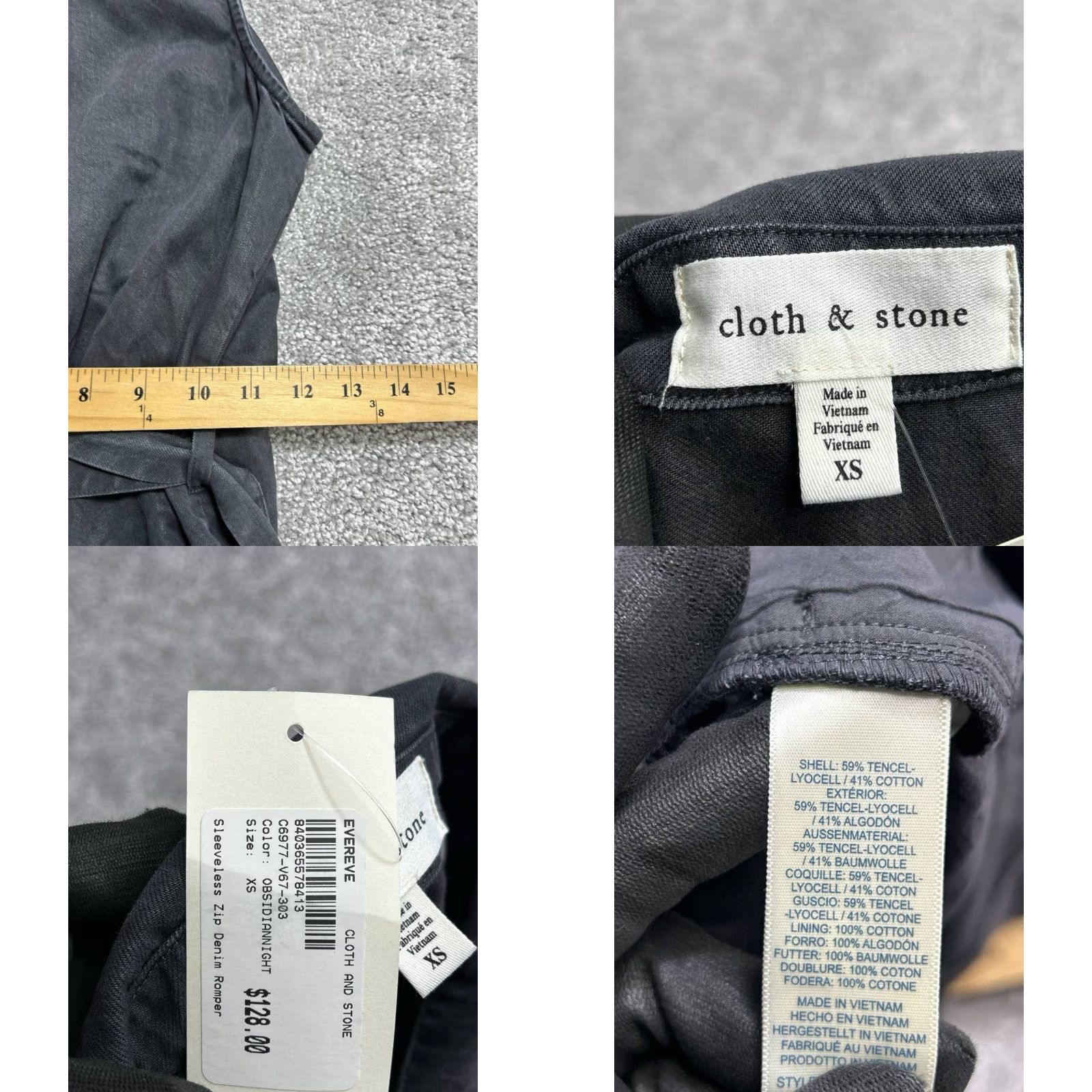 Denime Evereve By Cloth & Stone Romper Womens XS Black Cotton Denim Sleeveless Zip Pockets New Casual Spring Summer Size 26" / US 2 / IT 38 - 8 Thumbnail