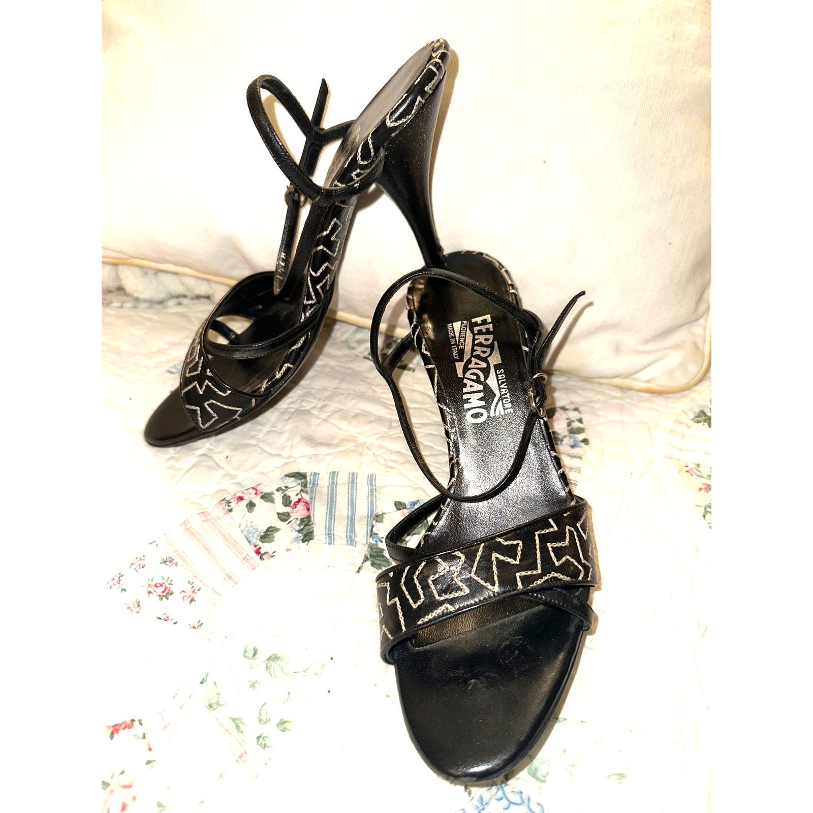 Salvatore Ferragamo Ferragamo Stitched Black Leather Sandals 4" Heel Shoes, Women's (Size 7.5)