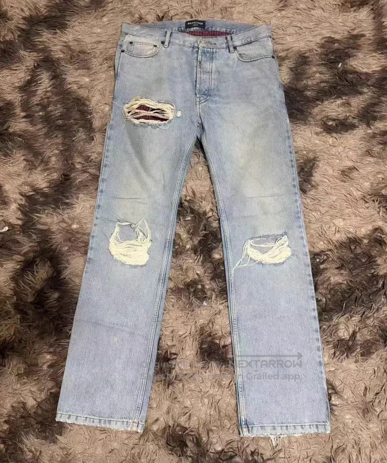 Balenciaga Balenciaga Distressed Fake Two-Piece Red Plaid Lined Rippe Size US 29 - 1 Thumbnail