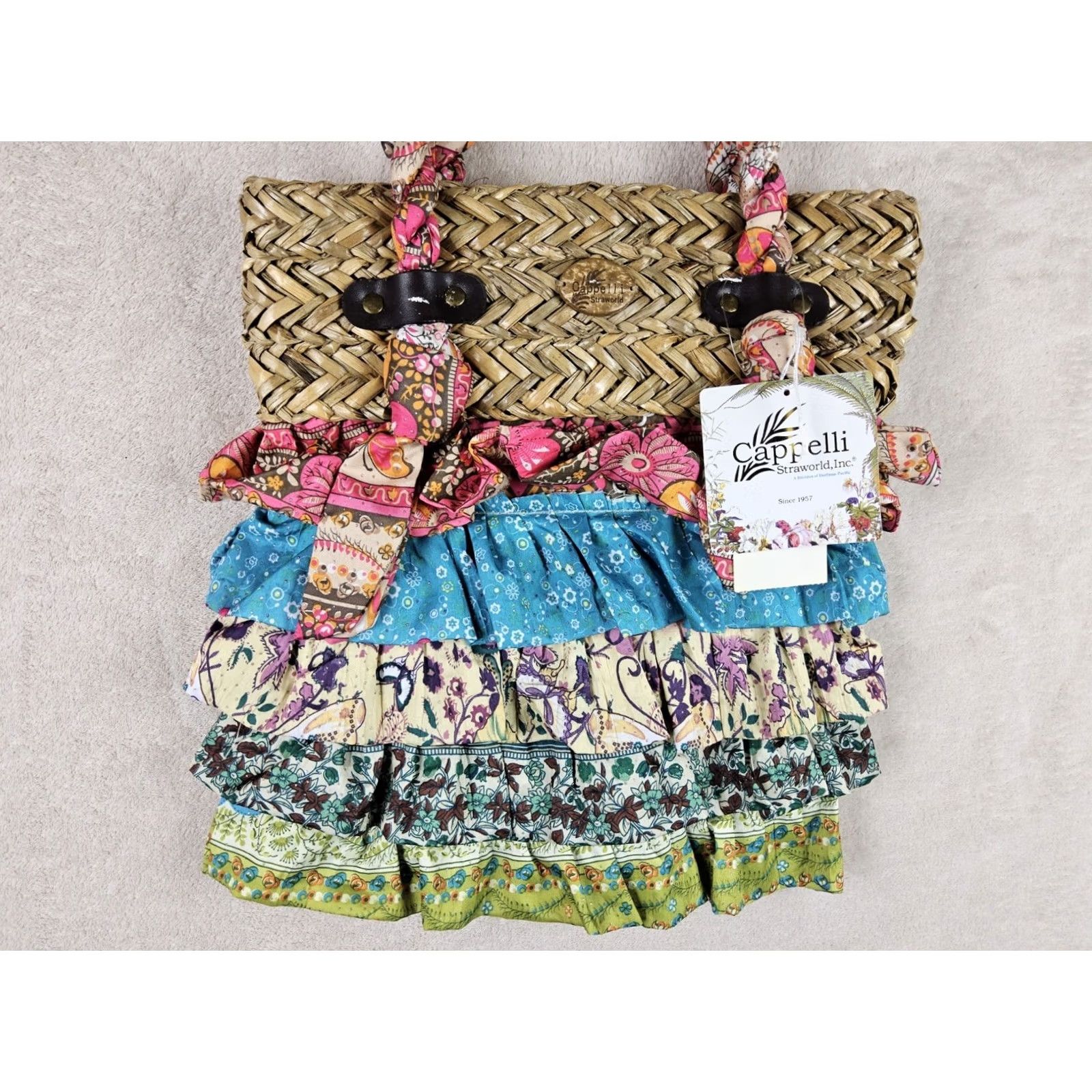 Vintage Cappelli Straworld Bohemian Wicker Fabric Shoulder Handbag Purse Bag Pink Beige Pattern Floral Bucket & Drawstring Medium Women Size ONE SIZE - 5 Thumbnail