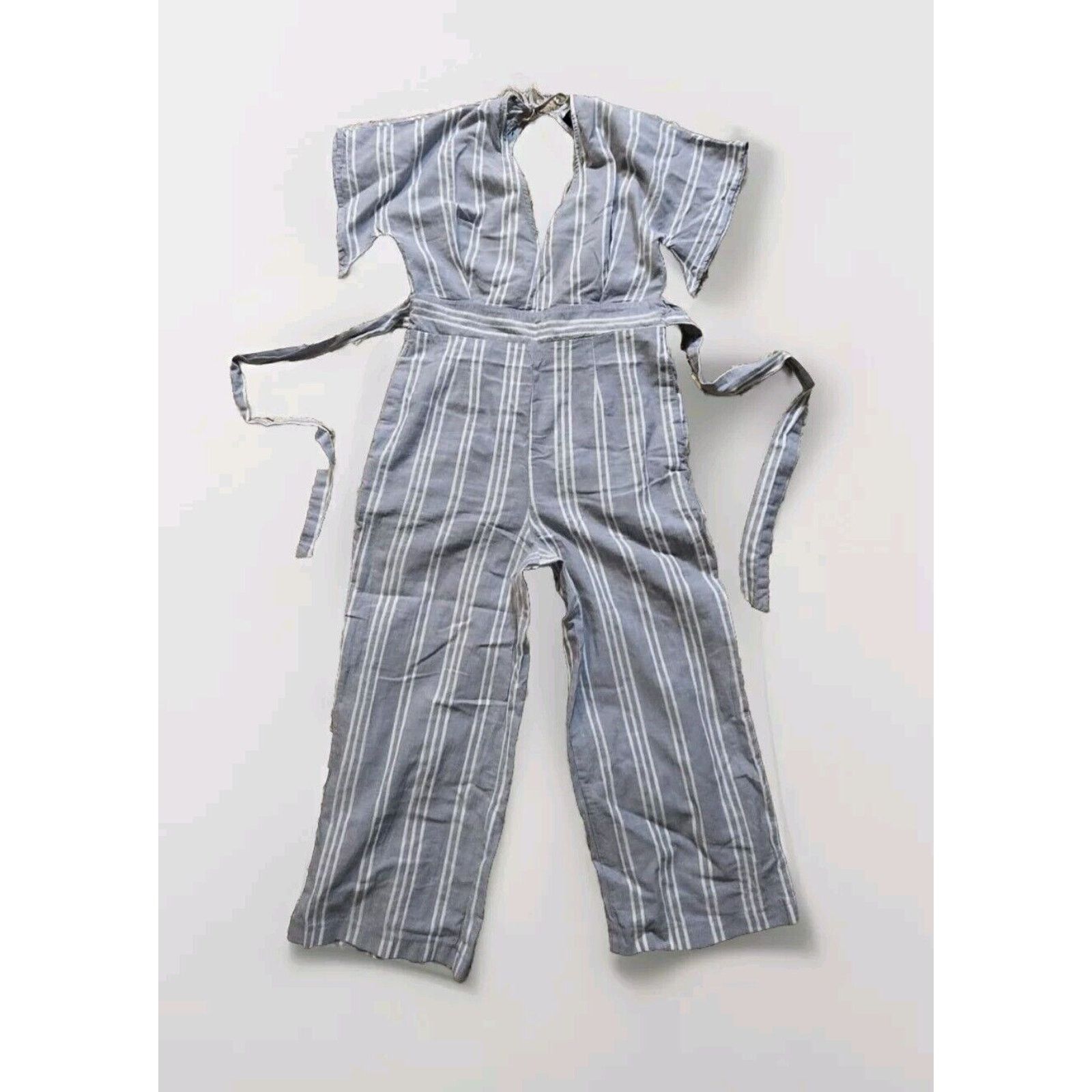Zara Deep V Jumpsuit Romper Blue Stripe Open Back Wide Leg XS 3 Size 24" / US 00 / IT 34 - 5 Thumbnail