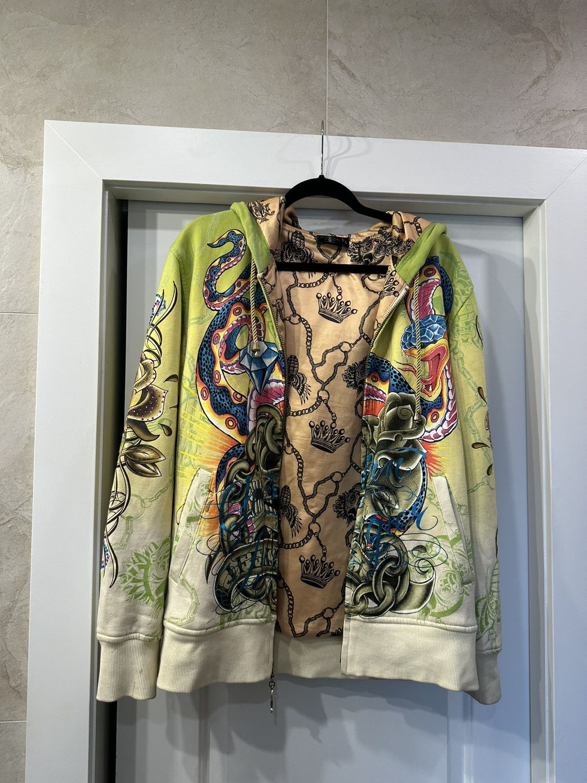 image of Christian Audigier Christian Audgier Zip Up Hoodie in Green, Men's (Size Large)