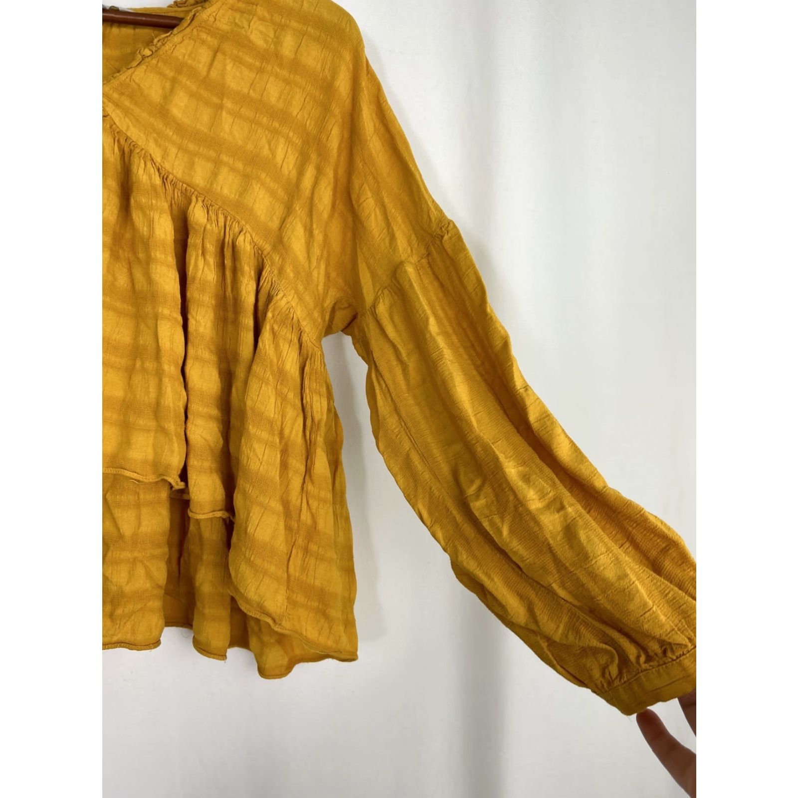 Lucky Brand LUCKY BRAND Blouse Shirt Women Adult Small Mustard V-neck Long Sleeve Romantic Ruffle Peasant Bohemian Oversized Breathable Viscose Pattern: Solid Size S / US 4 / IT 40 - 5 Thumbnail