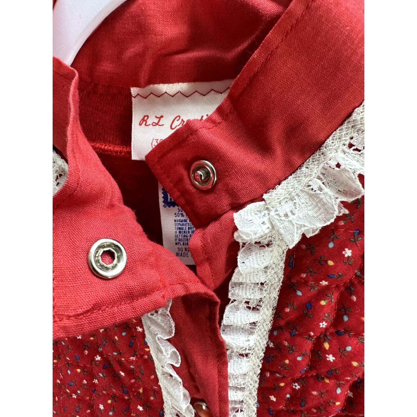 Vintage Vtg Healthknit Red Microfloral Jacket Lined Snap Buttons Lace Trim Long Sleeve Cotton Blend Women Size L Size L / US 10 / IT 46 - 6 Thumbnail