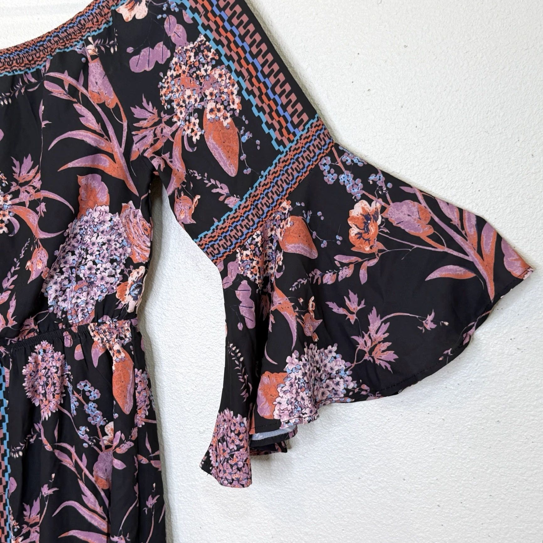 Bell Jealous Tomato Mini Dress Black Floral Print 3/4 Bell Sleeve Boho Off Shoulder/Shoulder Elastic Waist Size M Womens Size M / US 6-8 / IT 42-44 - 3 Thumbnail