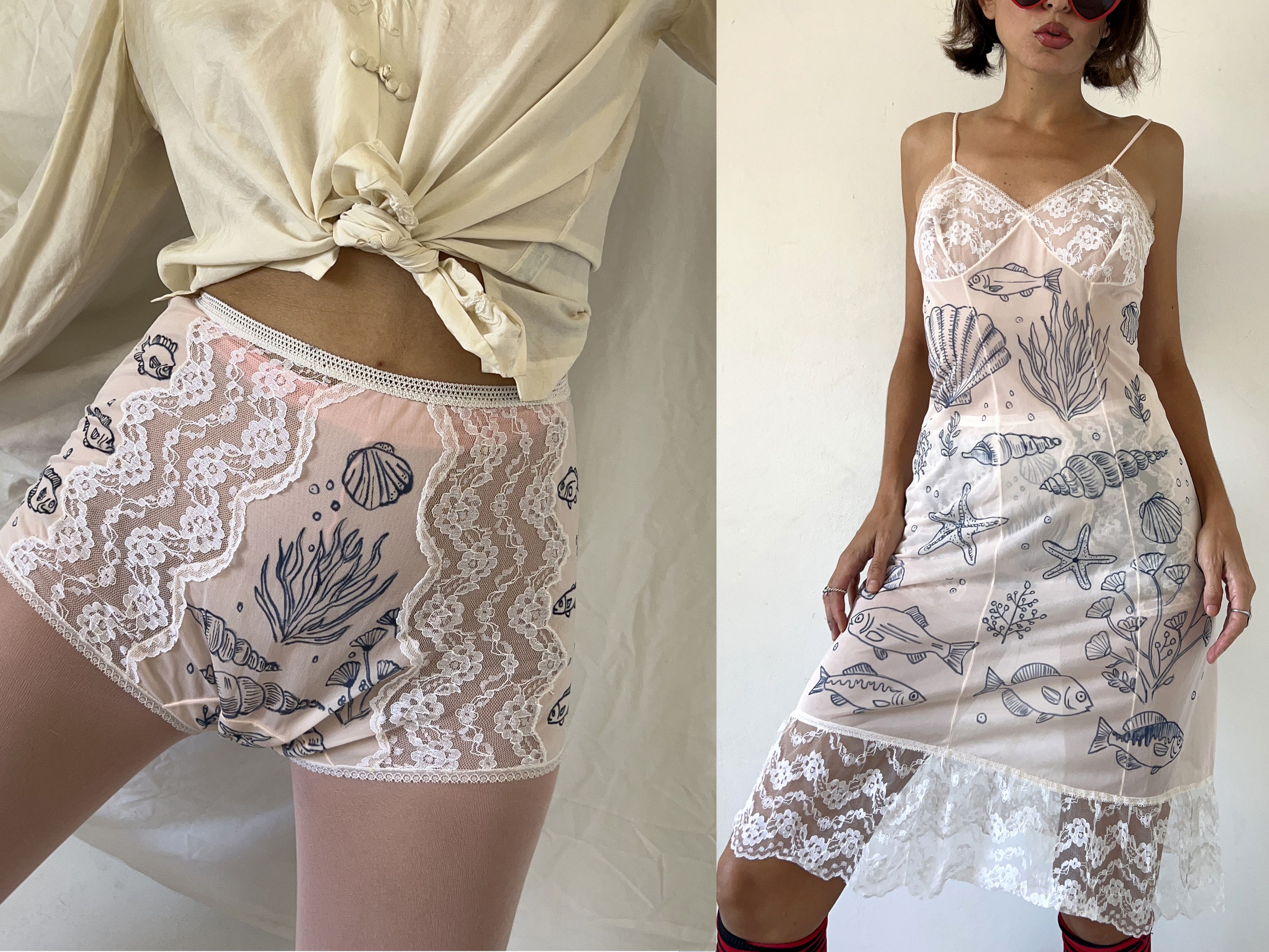 Custommade Hand Painted Seashell Fish Nightgown Size XL / US 12-14 / IT 48-50 - 2 Thumbnail