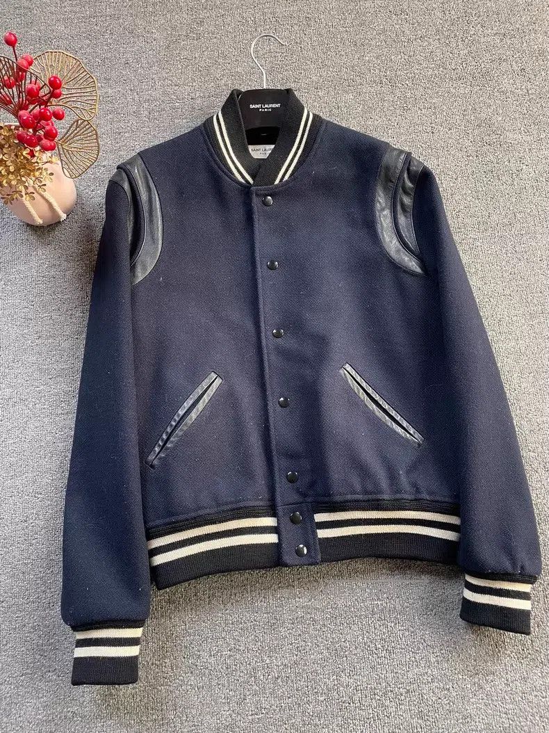 Saint Laurent Paris Saint Laurent Paris Navy Blue Wool and Leather Baseball Ja Size US M / EU 48-50 / 2 - 3 Thumbnail