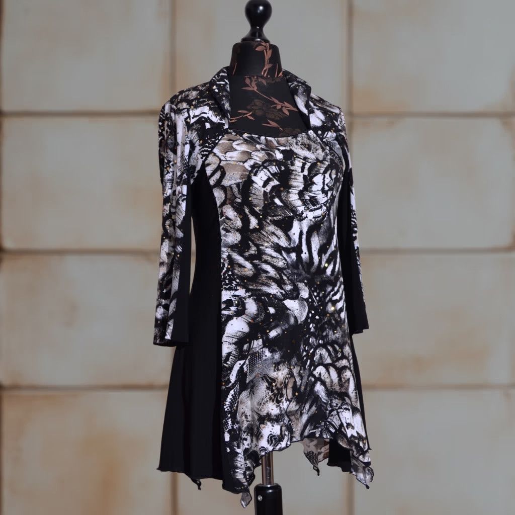 Joseph Ribkoff Joseph Ribkoff Dress Abstract Print Black White Asymmetrical UK10 US8 D36 Womens Short Sleeve Square Neck Party/Cocktail Dress Size L / US 10 / IT 46 - 1 Thumbnail