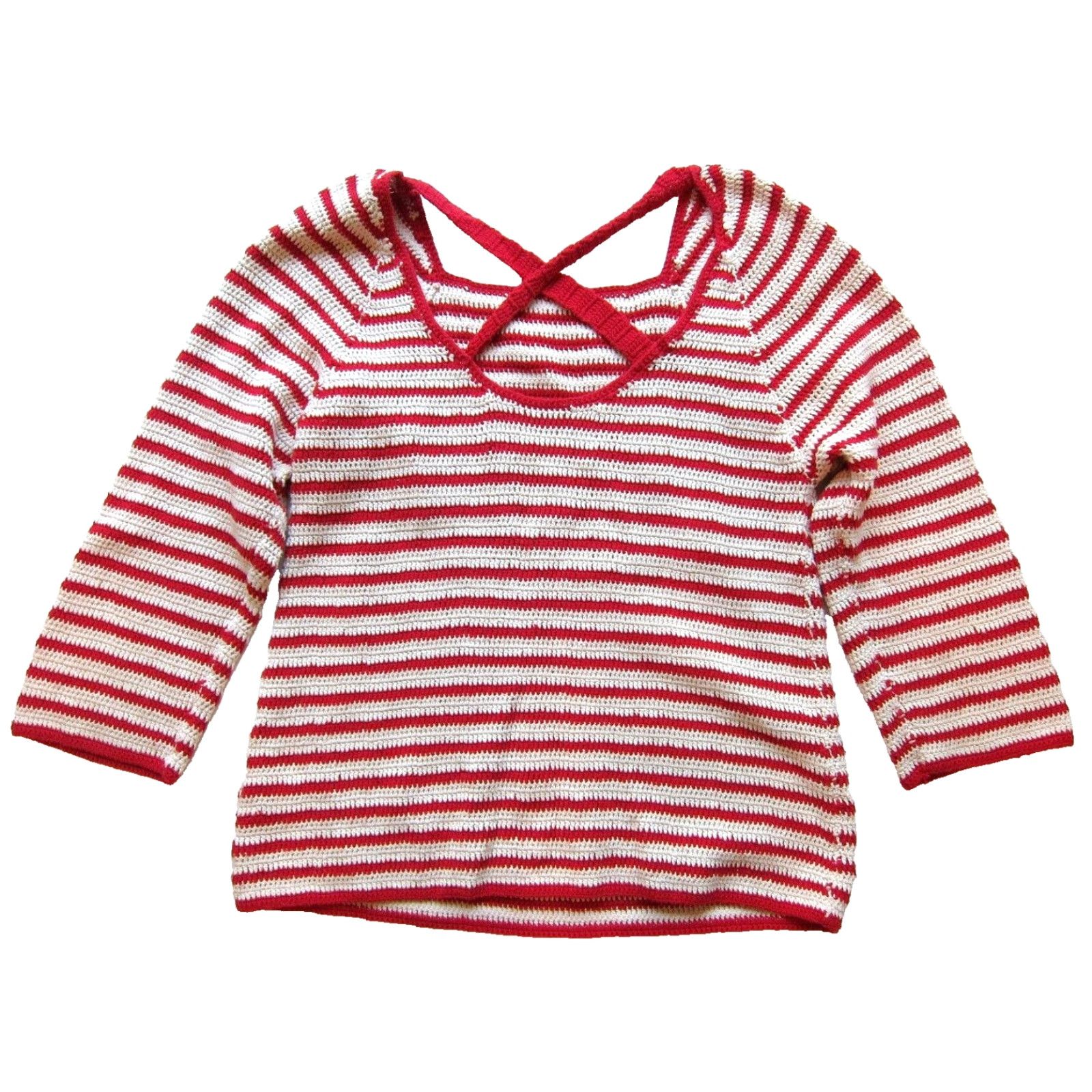 Vintage Lauren Moffatt Anthropologie Red White Stripe Cotton Knit 3/4 Sleeve Sweater Med Size M / US 6-8 / IT 42-44 - 2 Thumbnail