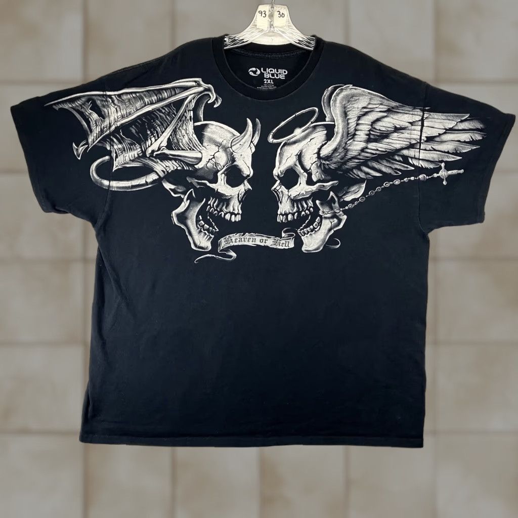 Liquid Blue VINTAGE Liquid Blue T-Shirt Mens 2XL Black White Skull Wings Heaven or Hell Hip Metal Grunge Biker 2000s Shirt Crew Neck Short Sleeve Size US XXL / EU 58 / 5 - 1 Thumbnail