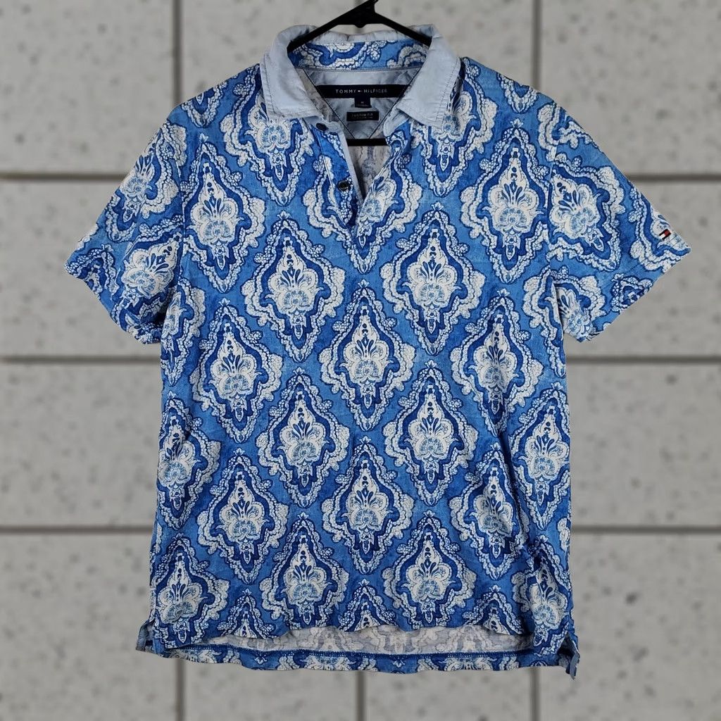 Tommy Hilfiger Tommy Hilfiger Polo Men’s M Blue White Damask Pattern Short Sleeve Shinfect? Size US M / EU 48-50 / 2 - 1 Thumbnail