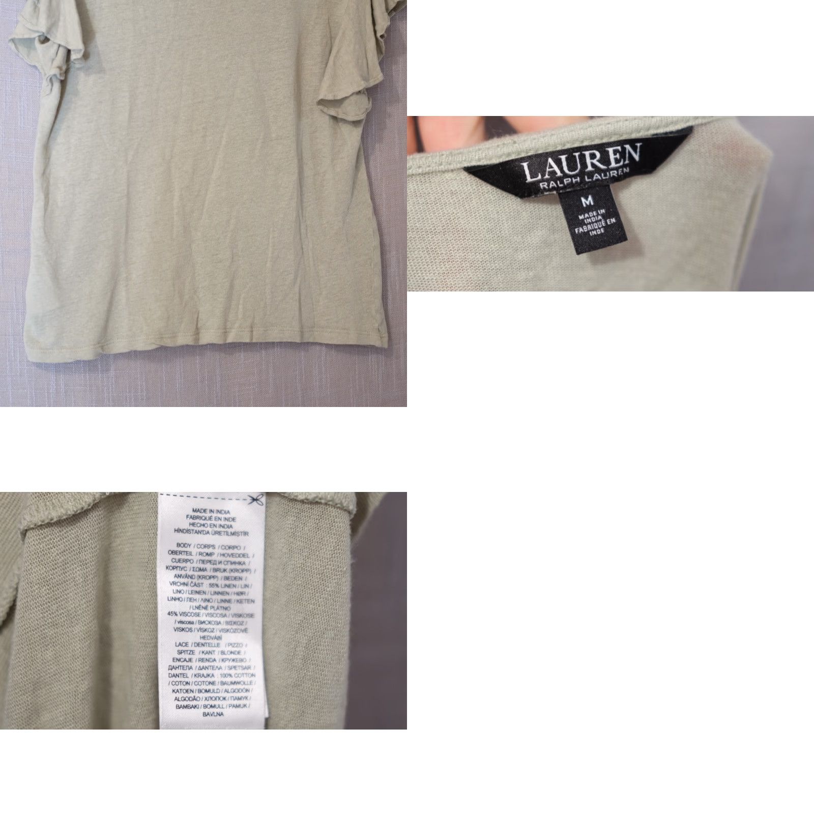 Ralph Lauren Lauren Ralph Lauren Crochet Lace V-Neck Top Womens M Green Linen/Viscose Shirt Knit Casual Slim Short Sleeve T-Shirt 90s Style Womens M Size M / US 6-8 / IT 42-44 - 8 Thumbnail