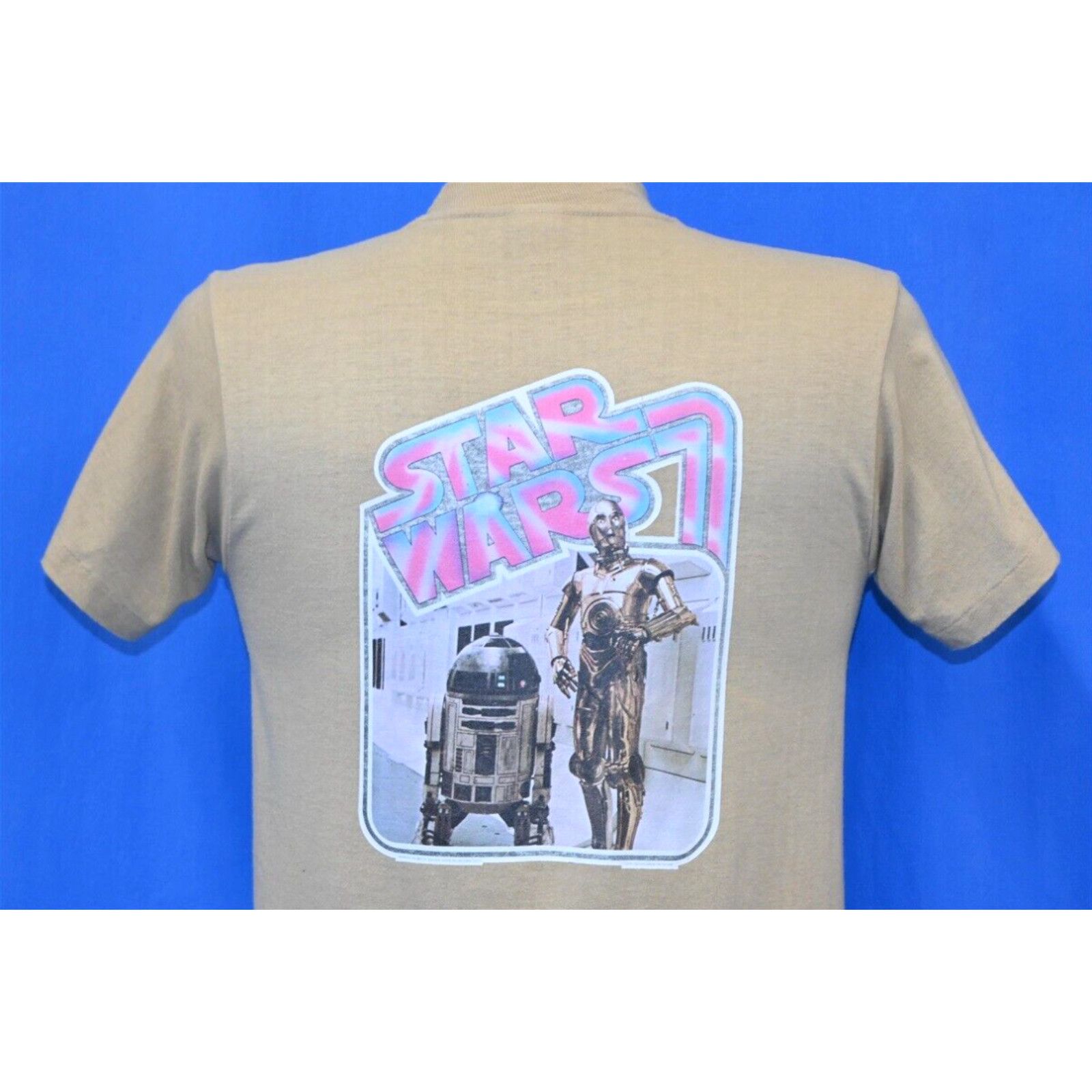 image of Vintage 70's Star Wars R2D2 C-3P0 Sci-Fi Movie Iron On Rich T-Shirt Small S in White, Men's