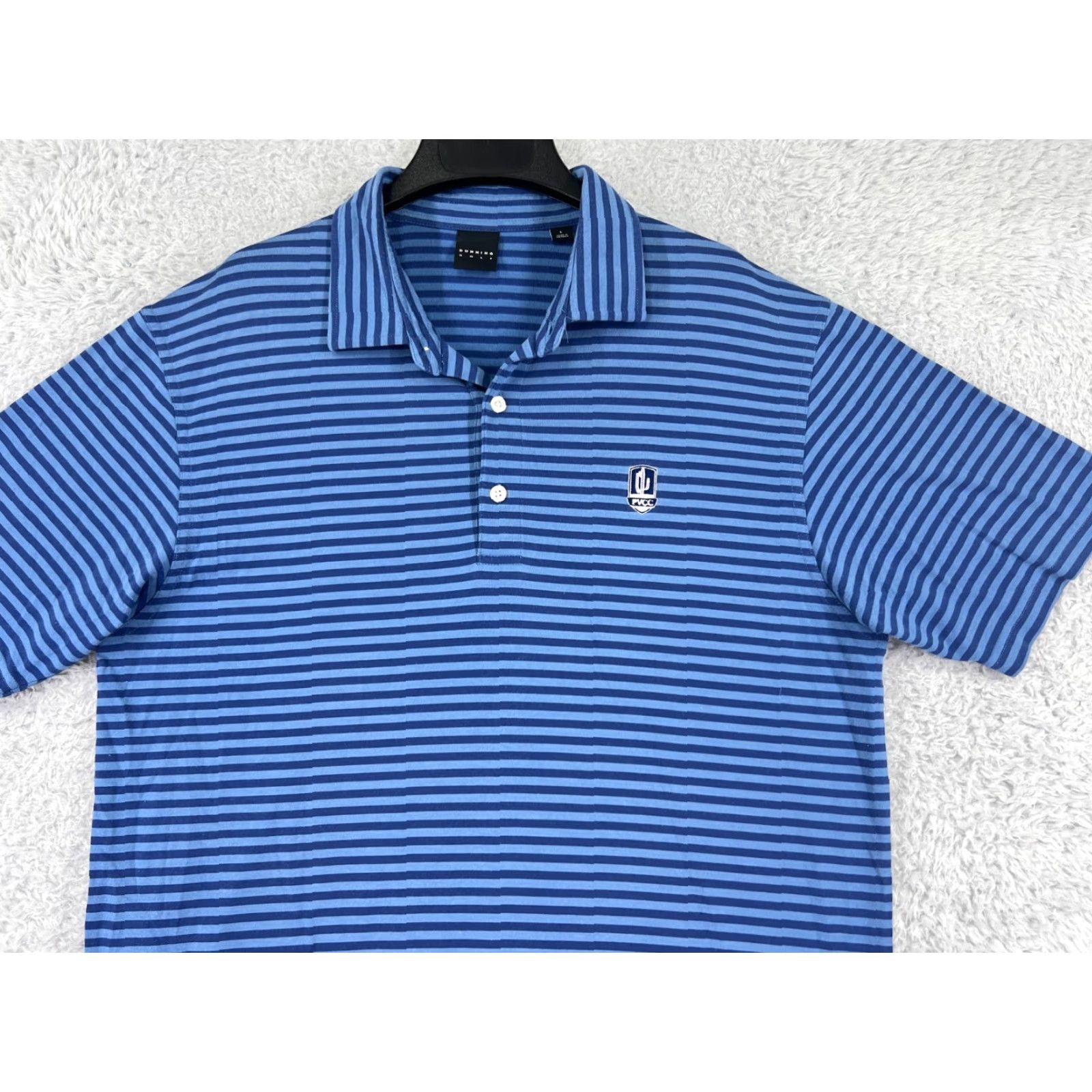 Vintage Dunning Polo Shirt Mens Blue Striped Lightweight Cotton Blend Golf Polo Shirt L Adult Blue Men’s Slim Tees Sports Size US L / EU 52-54 / 3 - 5 Thumbnail