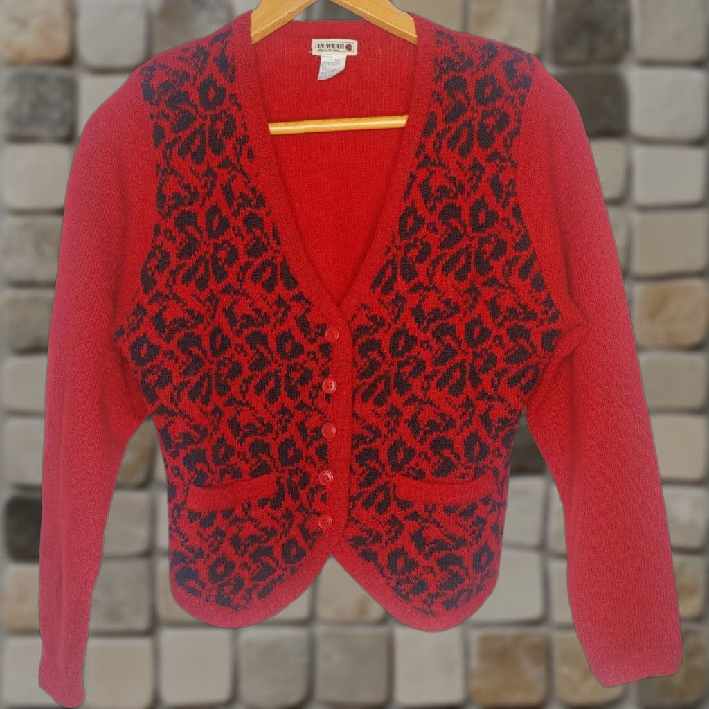 Vintage VINTAGE In Wear Kristen Leisner Sweater Medium Wool Blend Red Floral Button Nerd Women Size M / US 6-8 / IT 42-44 - 1 Thumbnail