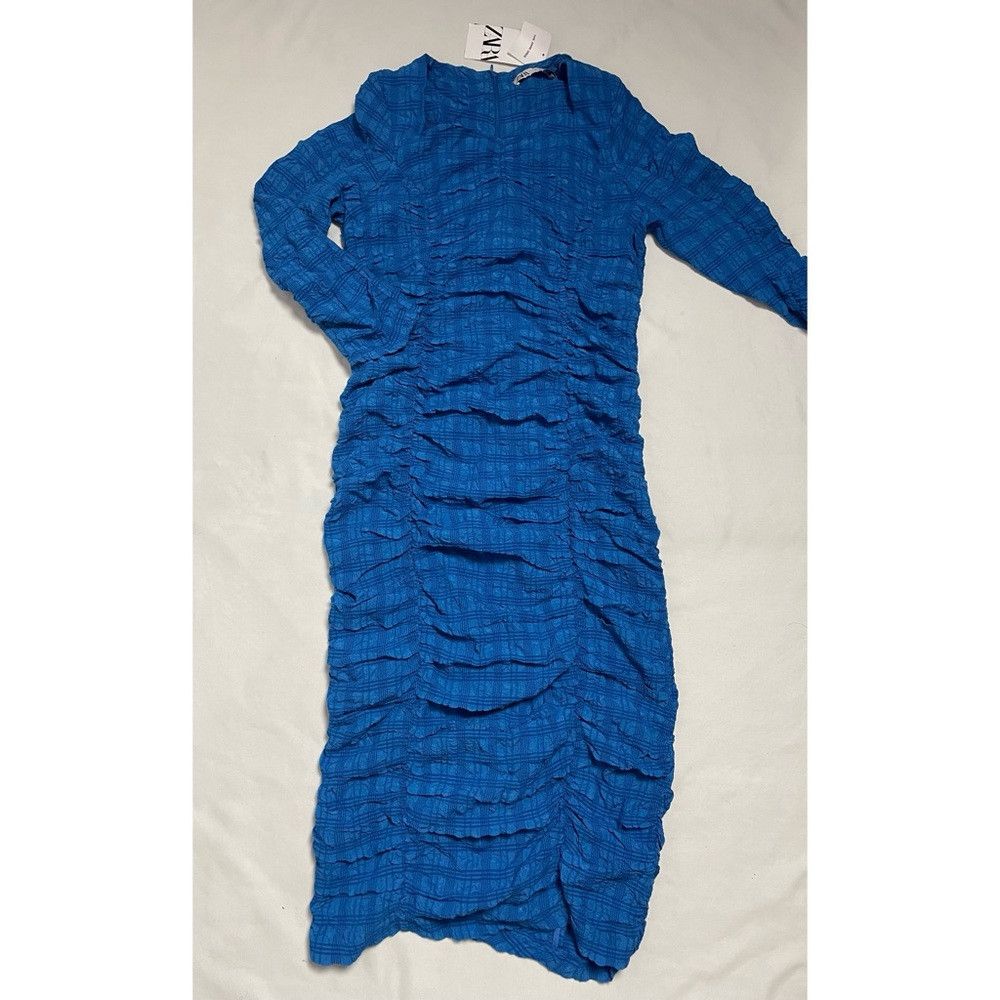 Zara NWT Zara Textured Blue Anne Dress Stretch Fitted Long Sleev Size L / US 10 / IT 46 - 7 Thumbnail