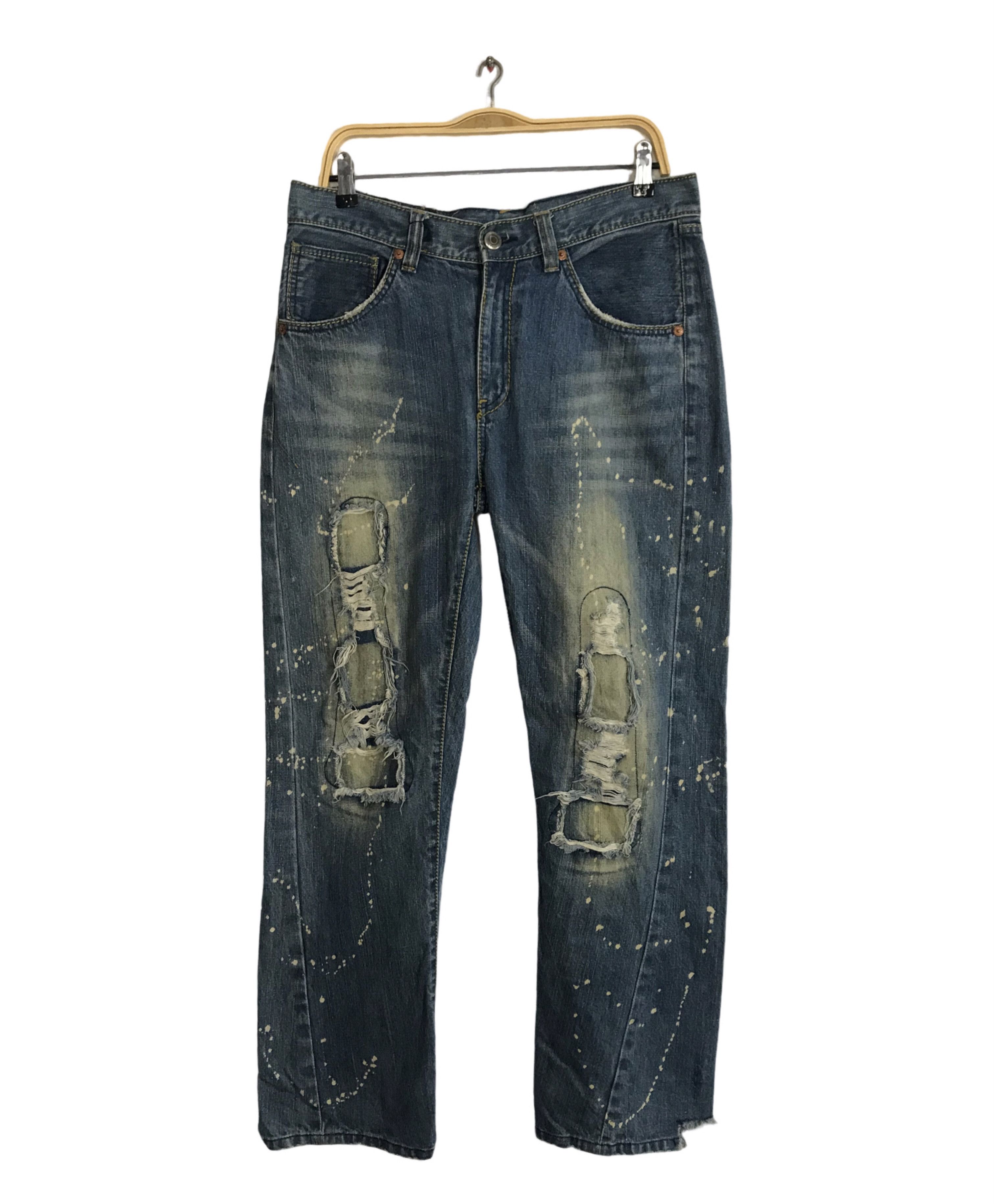 Japanese Brand Big Train Indigo Distressed Denim Paint Splash Thrashed Size US 33 - 1 Thumbnail